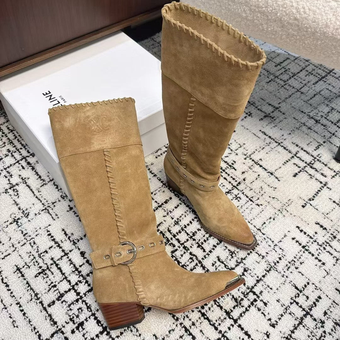 Celine 26S Western Buckle Jumping Boots 4.5cm Tan Suede 118188