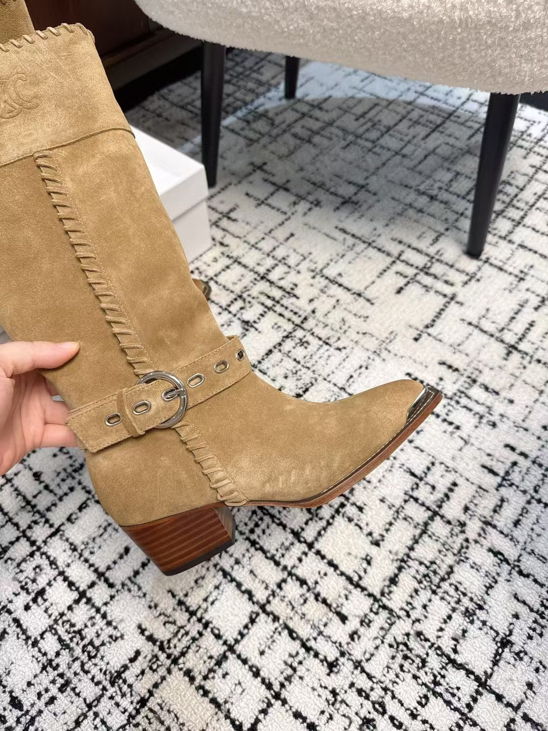 Celine 26S Western Buckle Jumping Boots 4.5cm Tan Suede 118188