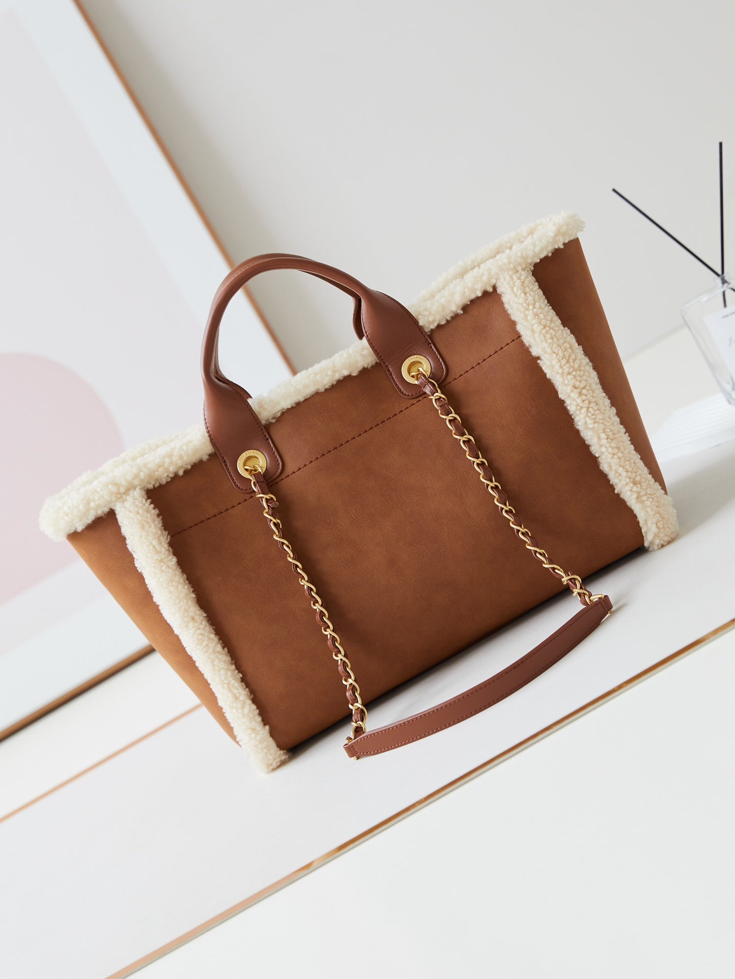 CC Shopping Bag 32cm Brown Beige Sherling Lambskin
