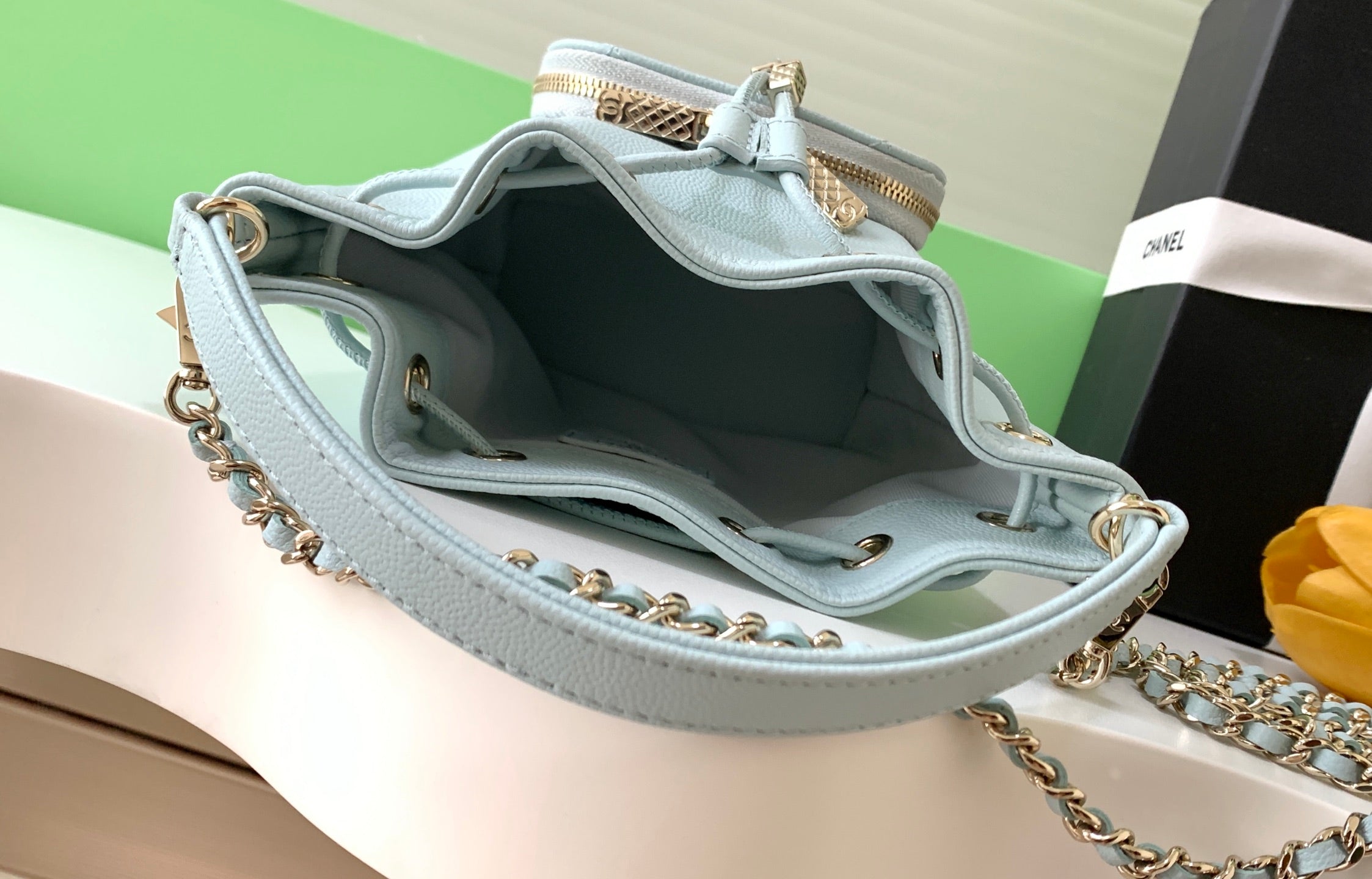 CC Mini Pocket Bucket Bag Light Blue Caviar Leather Light GHW 269201