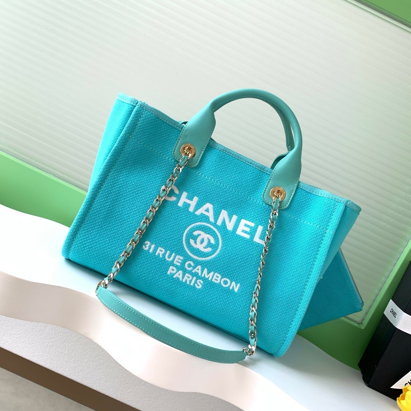 Chanel 25S Tote Bag 33cm in Turquoise Blue Canvas