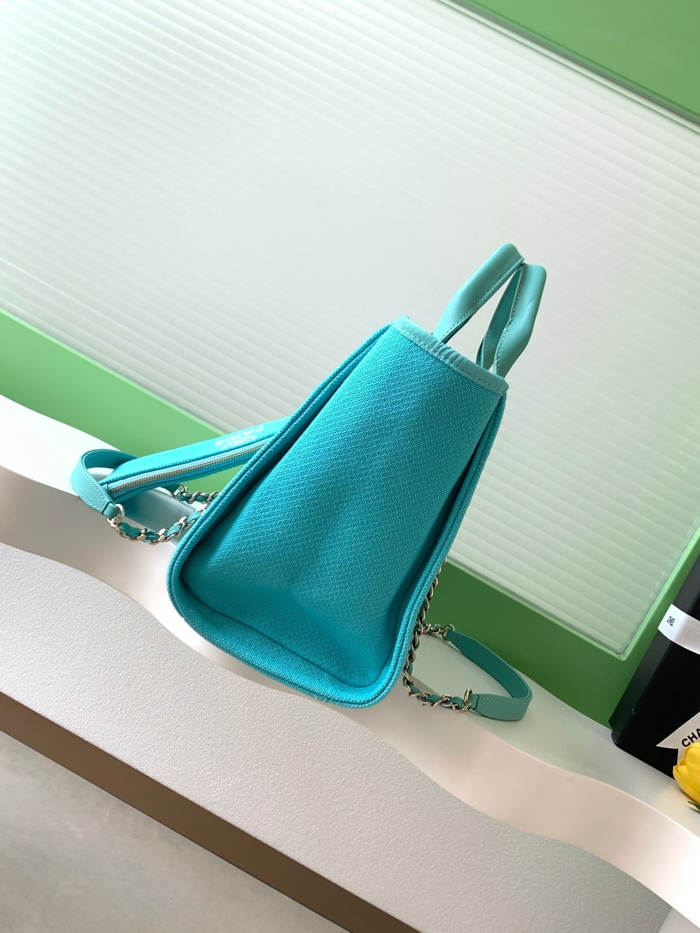 Chanel 25S Tote Bag 33cm in Turquoise Blue Canvas