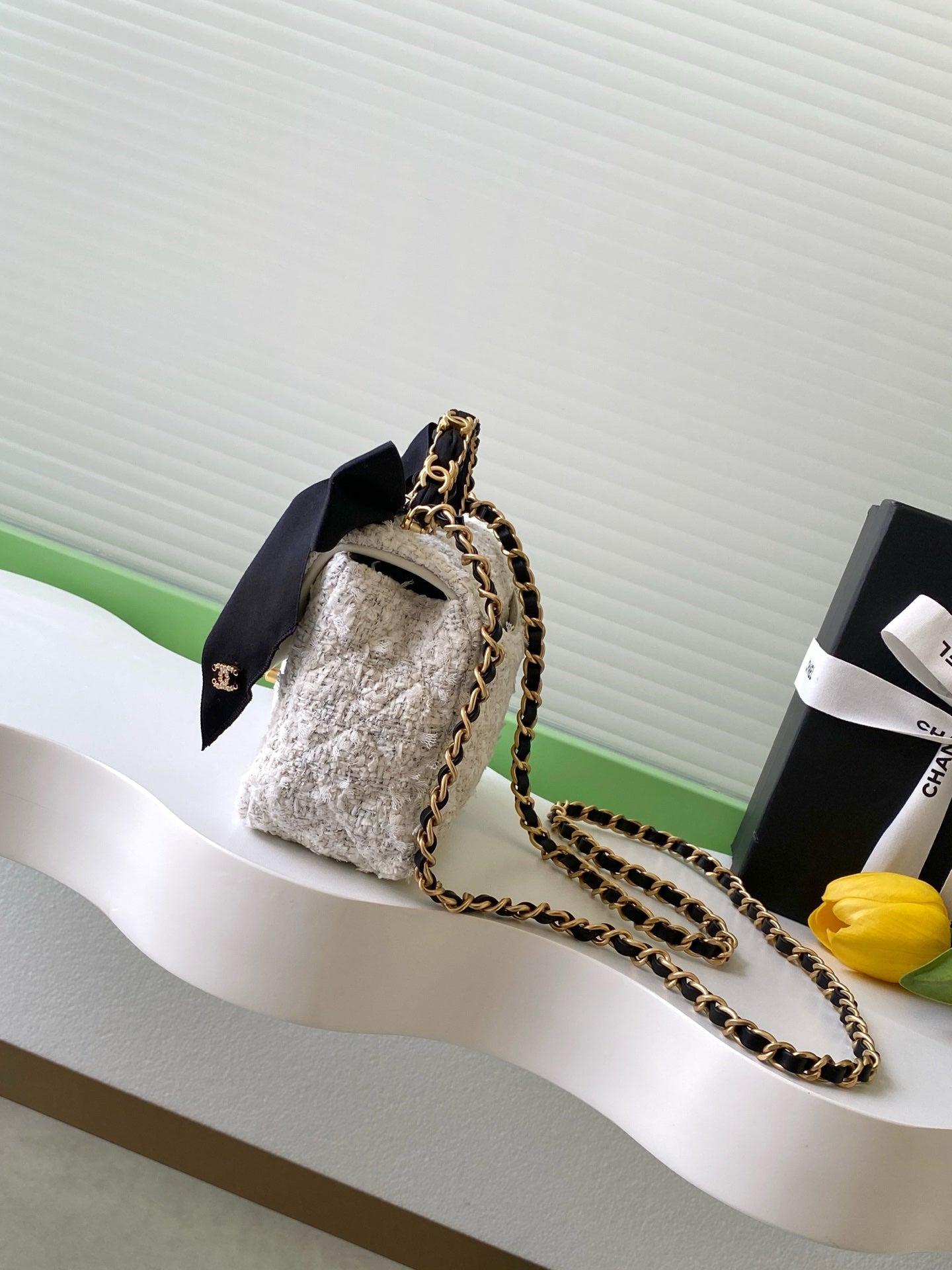 CC FW 25/26 Mini Flap Bag with Top Handle White Black Tweed Silk GHW