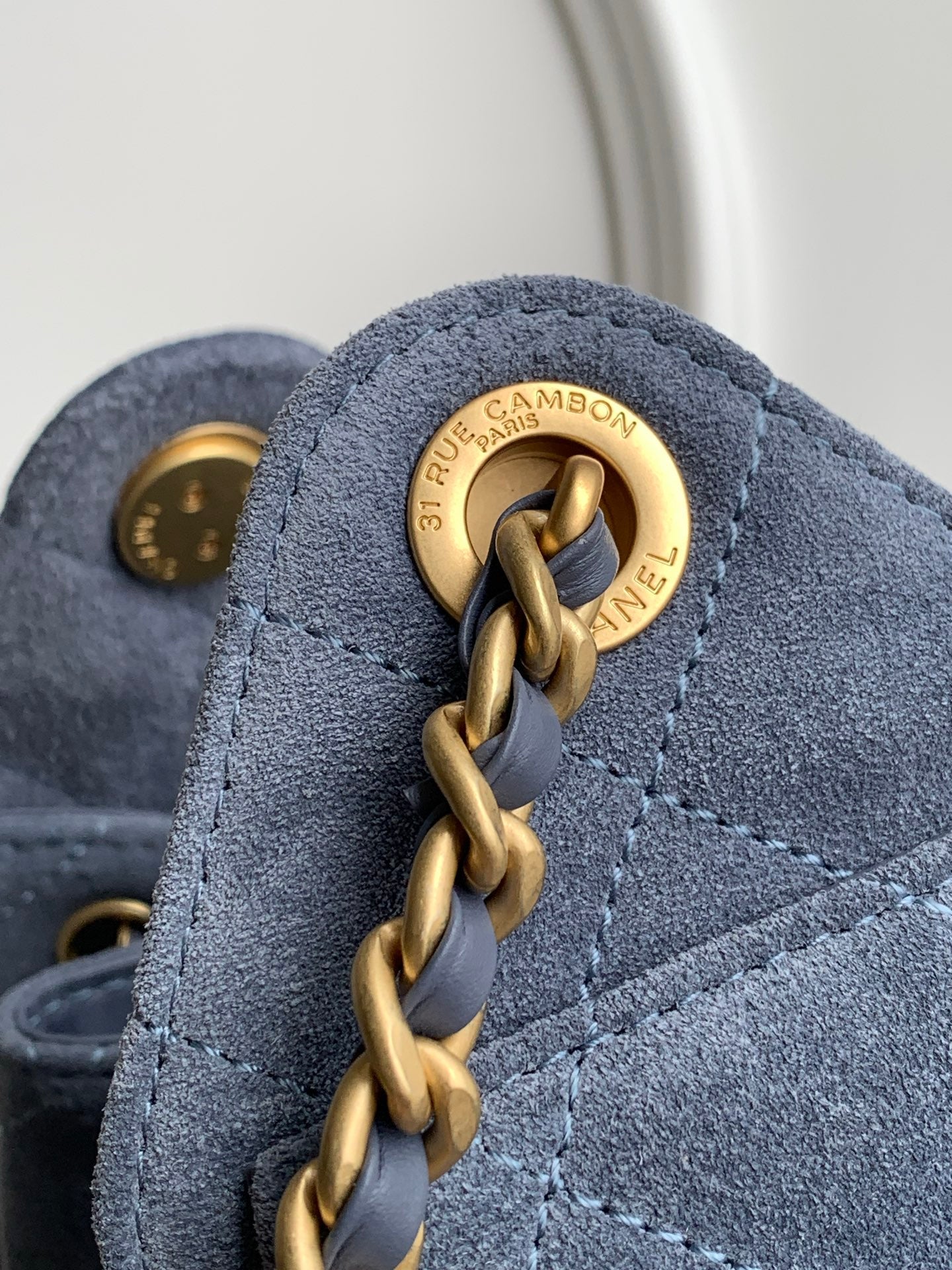 Chanel 25S Hobo Bag 22 in Blue Gray Suede with Gold Hardware