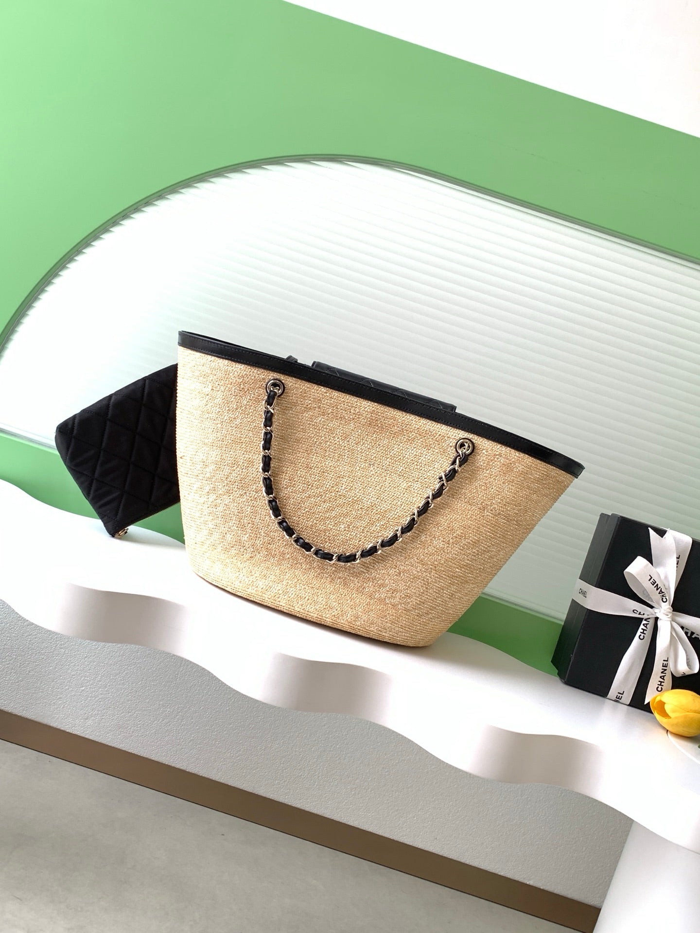 CC 2026 Large Shopping Bag Beige Black Straw Calfskin