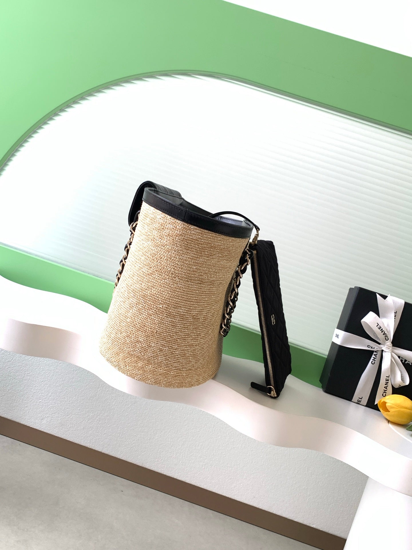 CC 2026 Large Shopping Bag Beige Black Straw Calfskin