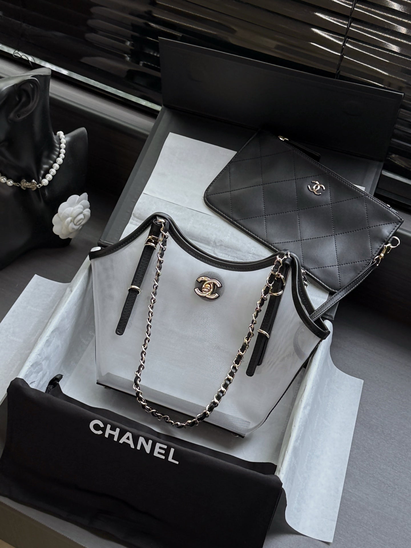 CC 26s Small Tote Black White Mesh Calfskin