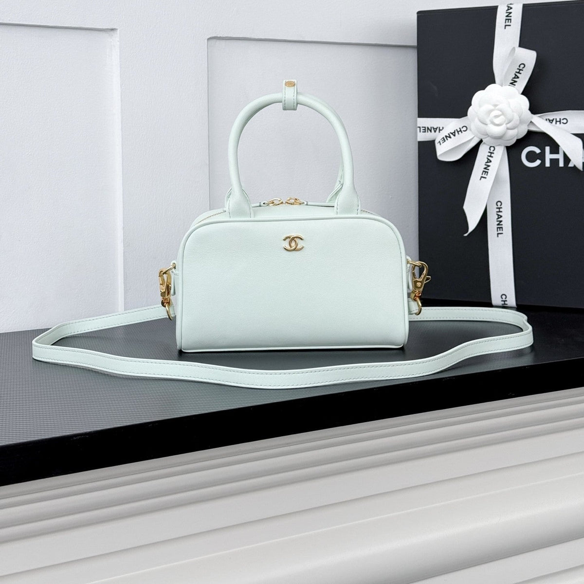Chanel 2026 Pouch With Leather Strap 21cm Light Blue Calfskin