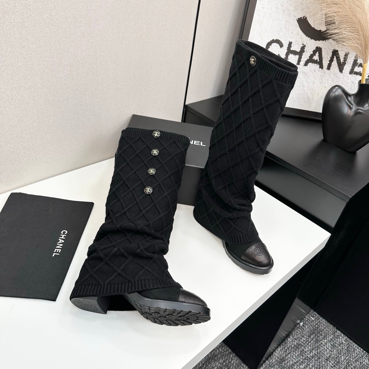 CC 26s Diamond Knit Buttoned Long Boots Black Calfskin Knit 985770
