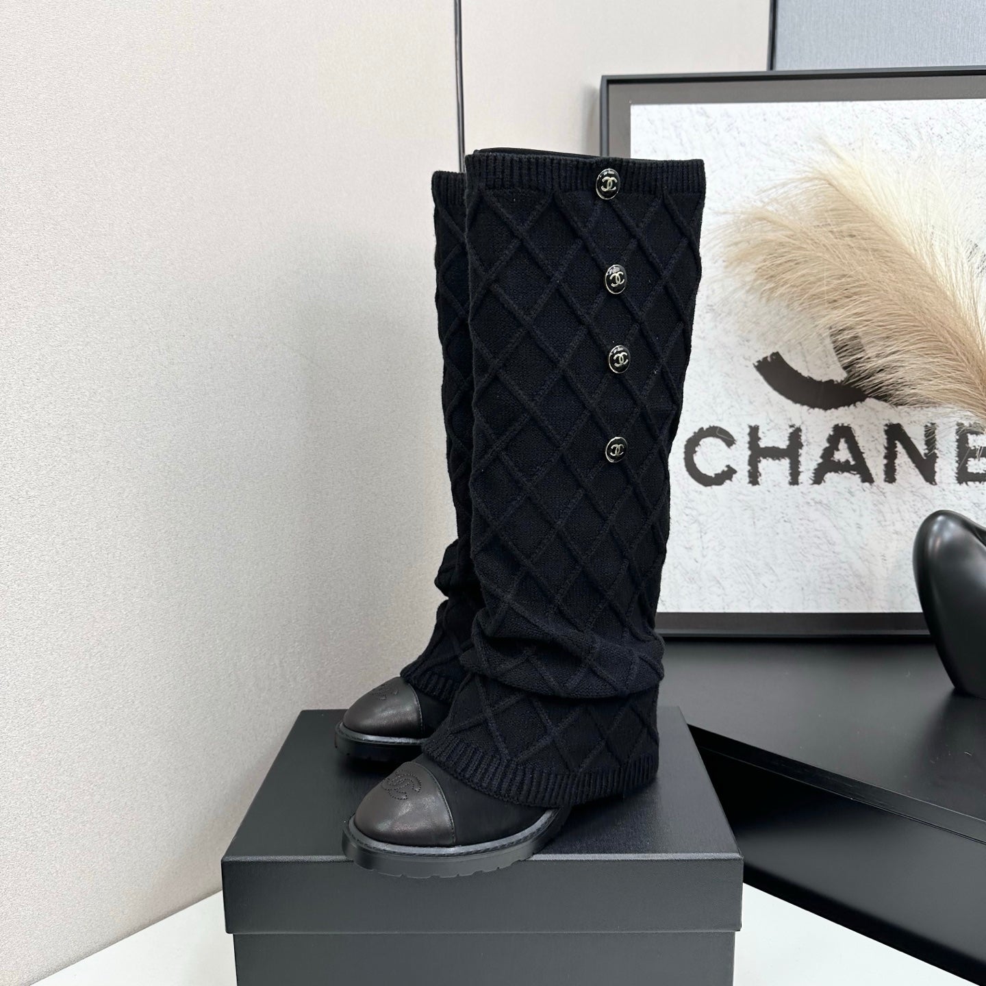 CC 26s Diamond Knit Buttoned Long Boots Black Calfskin Knit 985770