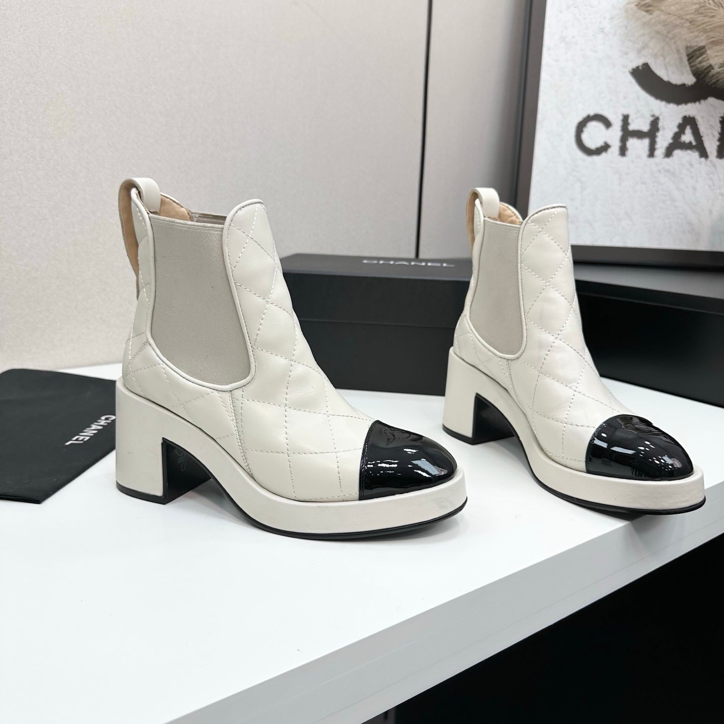 CC FW 25 Platform Ankle Boots Cream Black Patent and Quilted Leather 532620