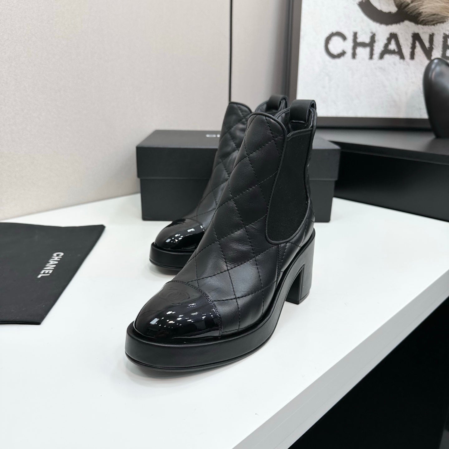 CC FW 25 Platform Ankle Boots  Black Patent and Quilted Leather 532621