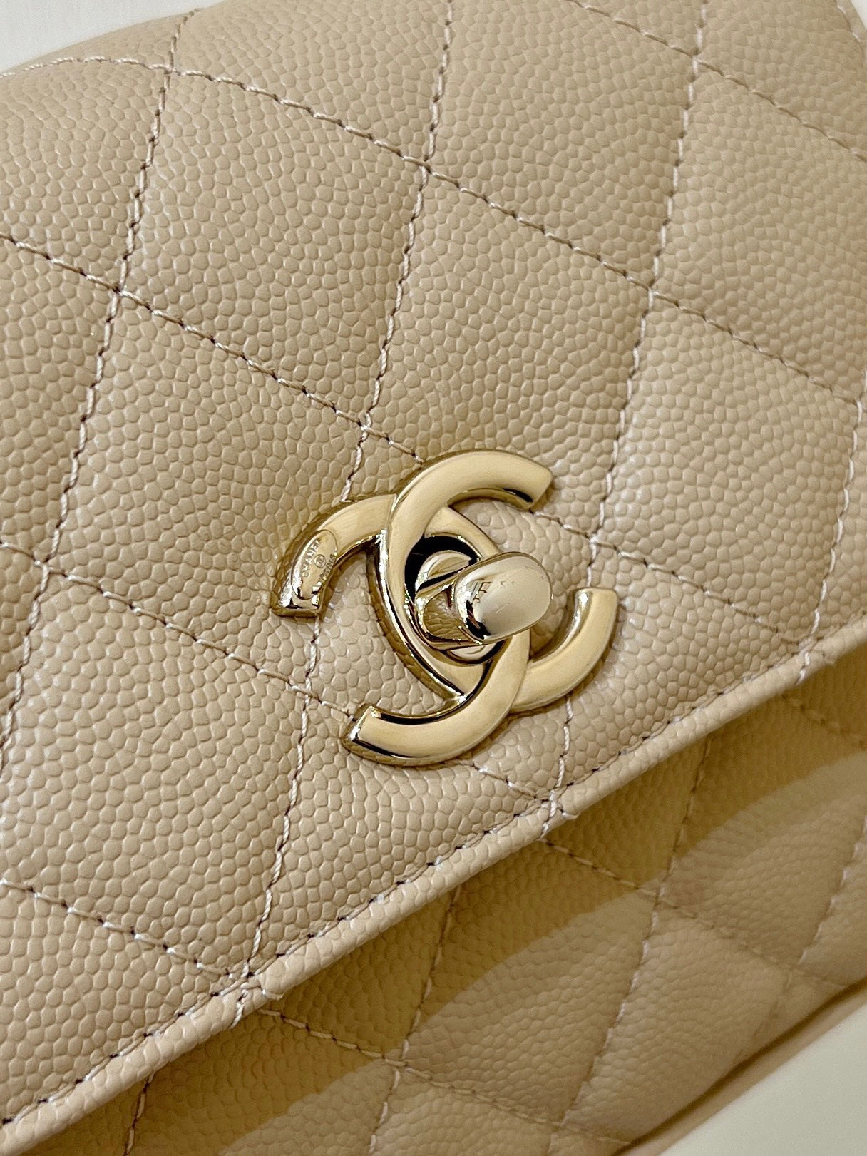 CC 24K Coco Hanle Nano 18cm Beige Grained Calfskin Gold Hardware