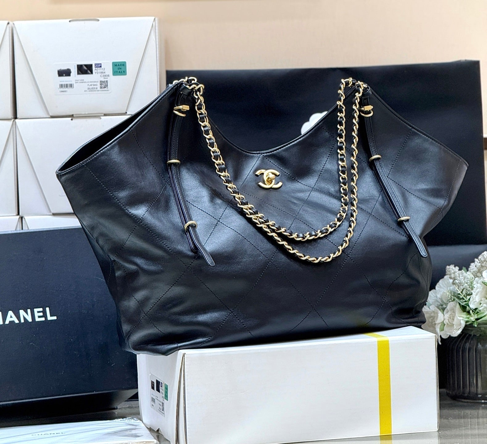 CC Large Maxi Shopping Bag 59cm Black Calfskin GHW
