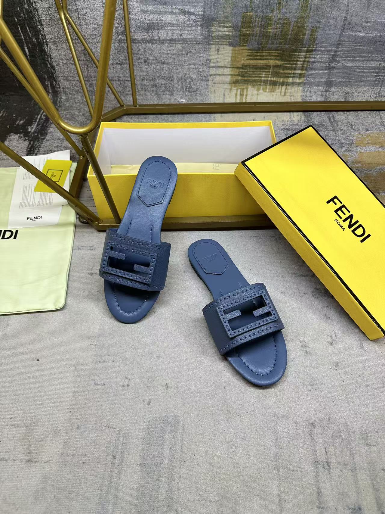 Fendi Baguette Slides Embroidered Dark Blue Nappa Leather 826559