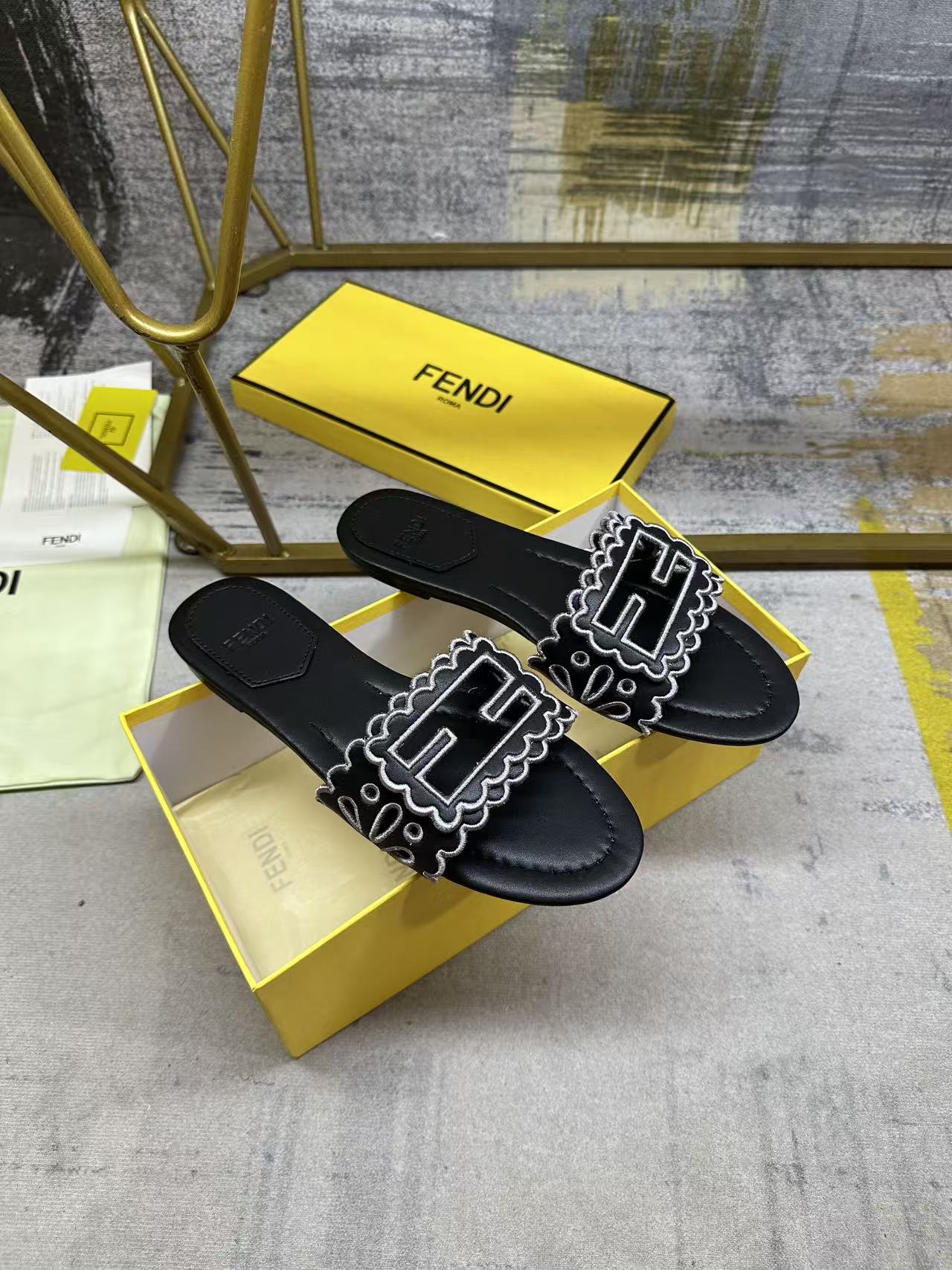 Fendi Baguette Slides Embroidered Black Nappa Leather 826561