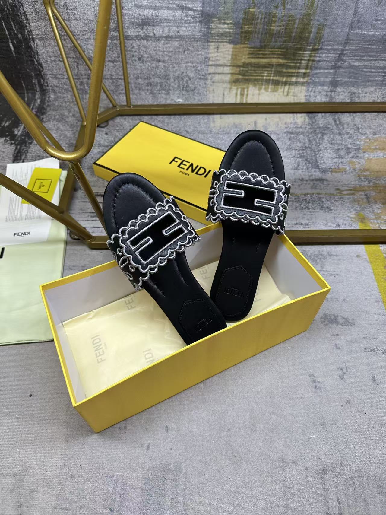Fendi Baguette Slides Embroidered Black Nappa Leather 826561