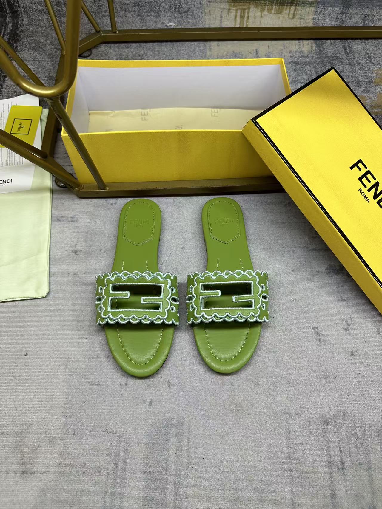 Fendi Baguette Slides Embroidered Green Nappa Leather 826566