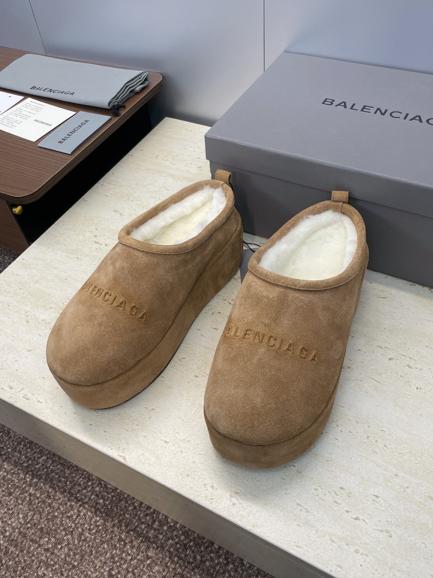 Balenciaga Alaska Slide Brown White Suede Fur 551897