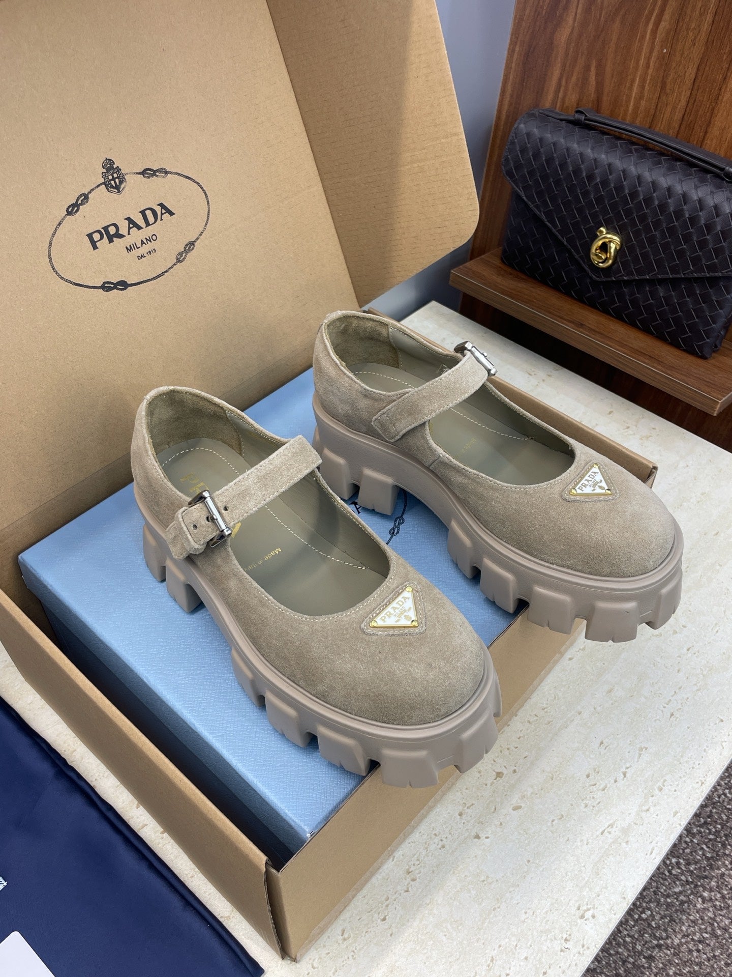 Prada Brushed Monolith Mary Janes Loafer Taupe Suede 551882