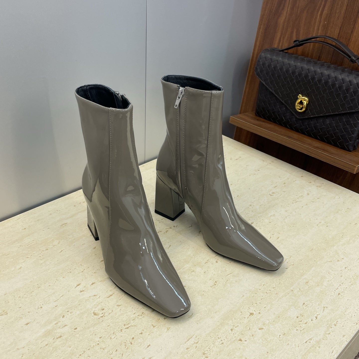 YSL Maxine Boots 75mm Taupe Patent Leather 551929