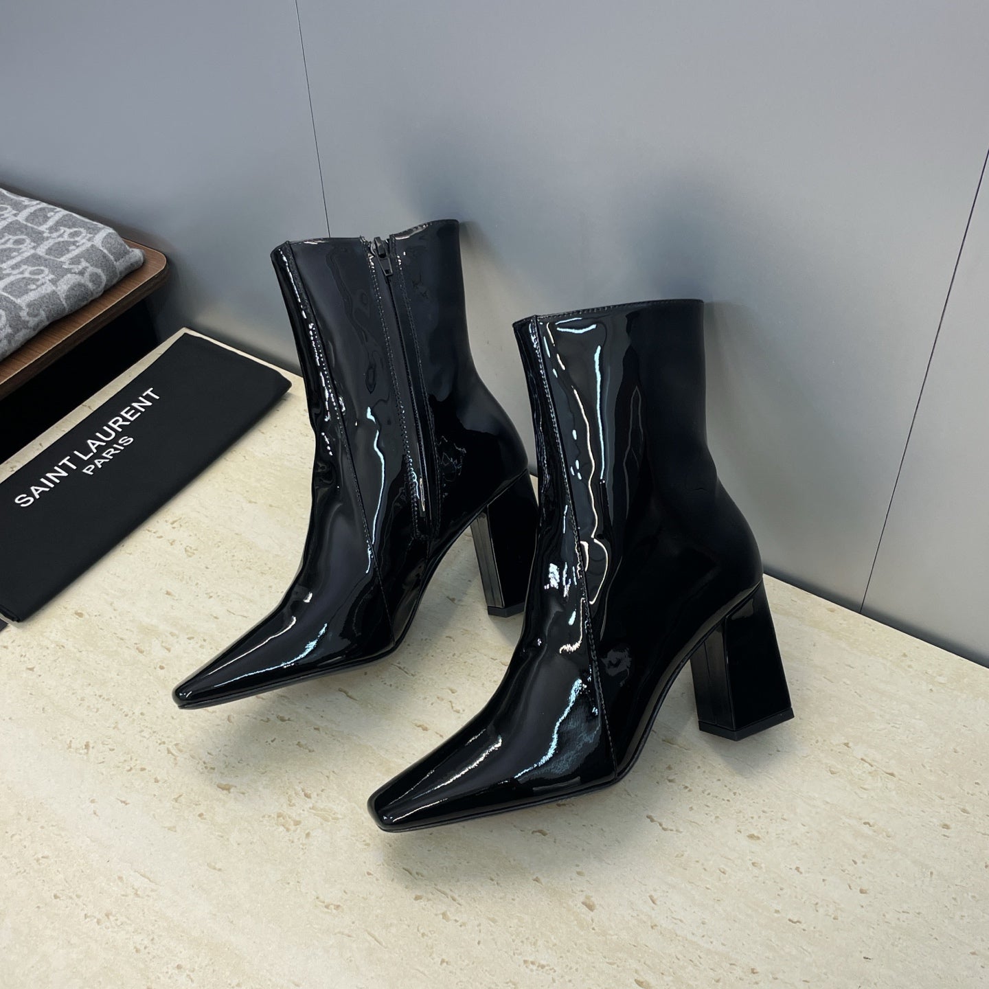 YSL Maxine Boots 75mm Black Patent Leather 551930