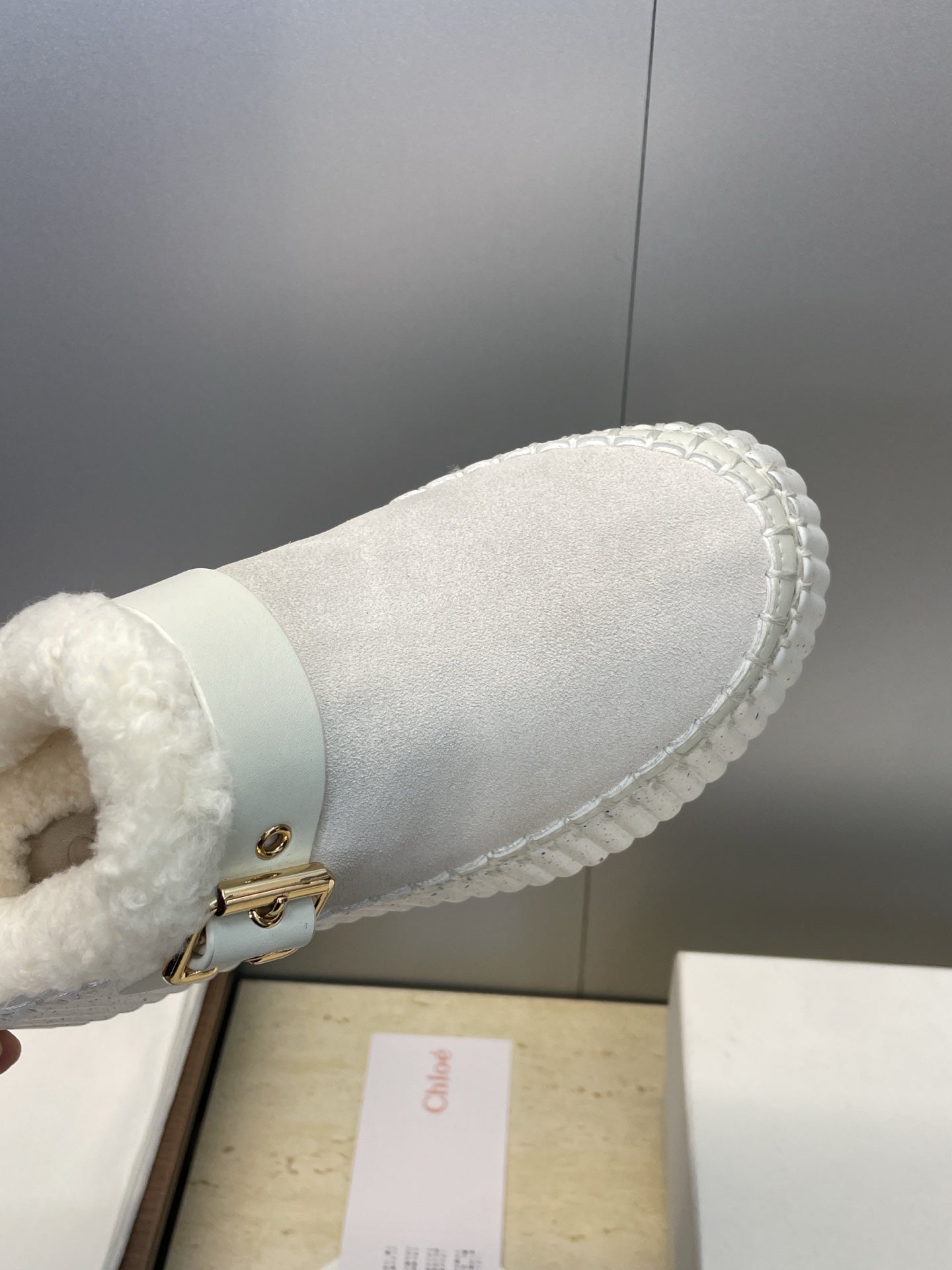Chloé 26S Fur-Lined Wedge Mules in Light Grey Suede