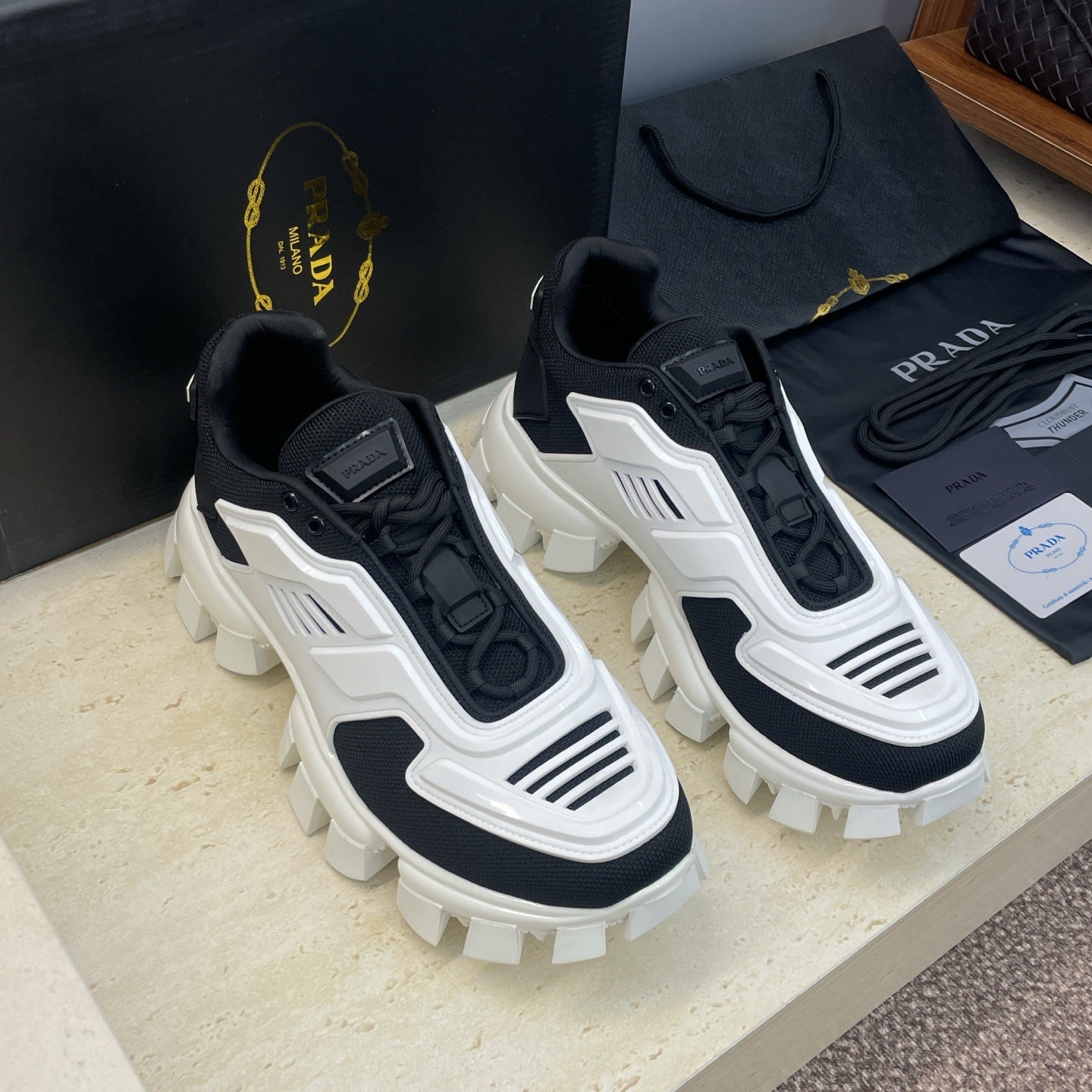 Prada Cloudbust Thunder White Black Rubber Knit Fabric 102205