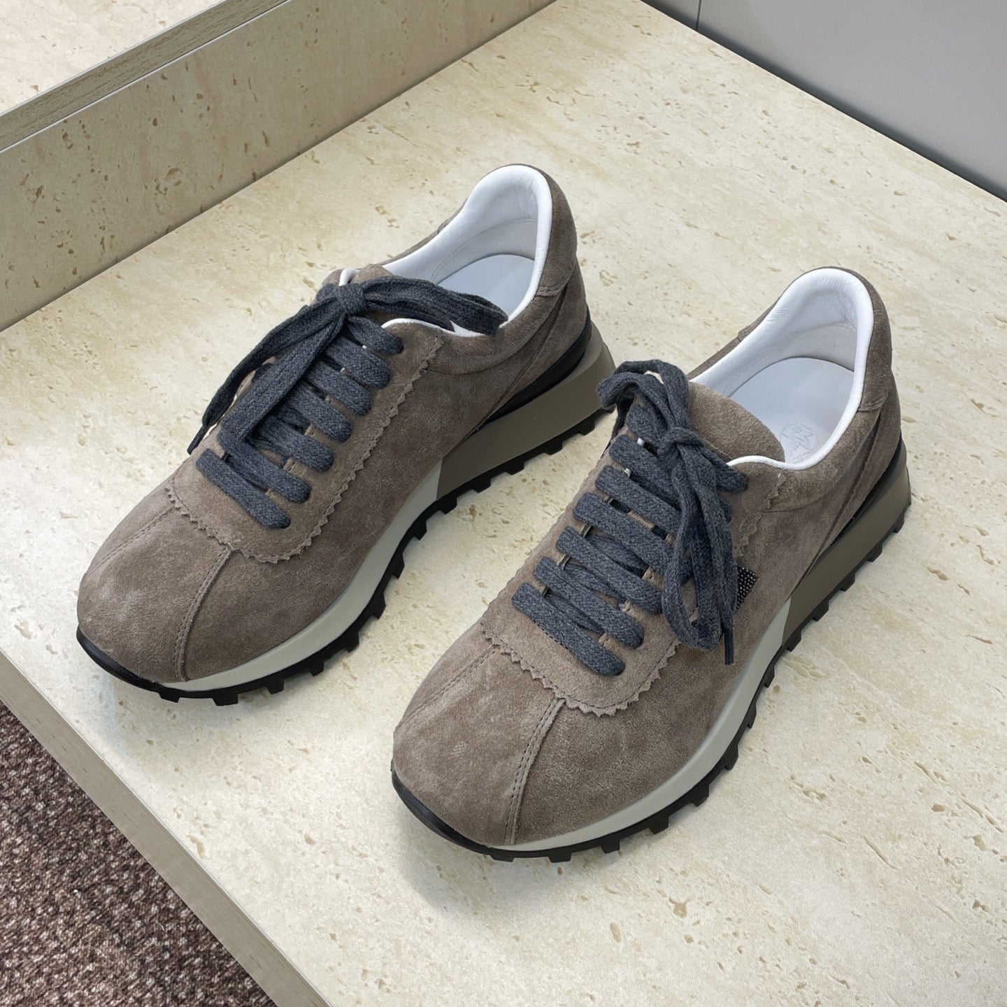 Brunello Shiny Tab Sneakers Taupe Suede 607016