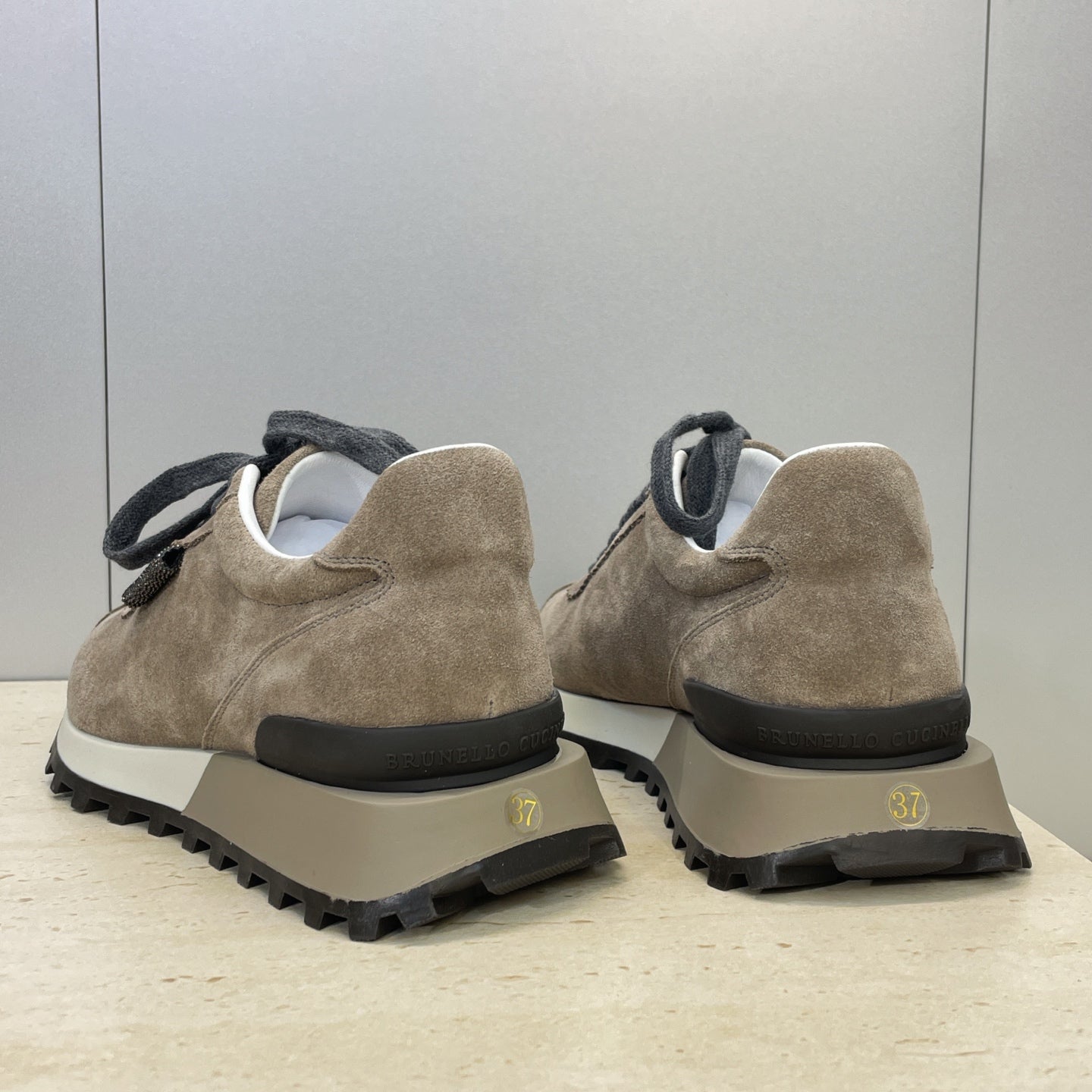 Brunello Shiny Tab Sneakers Taupe Suede 607016