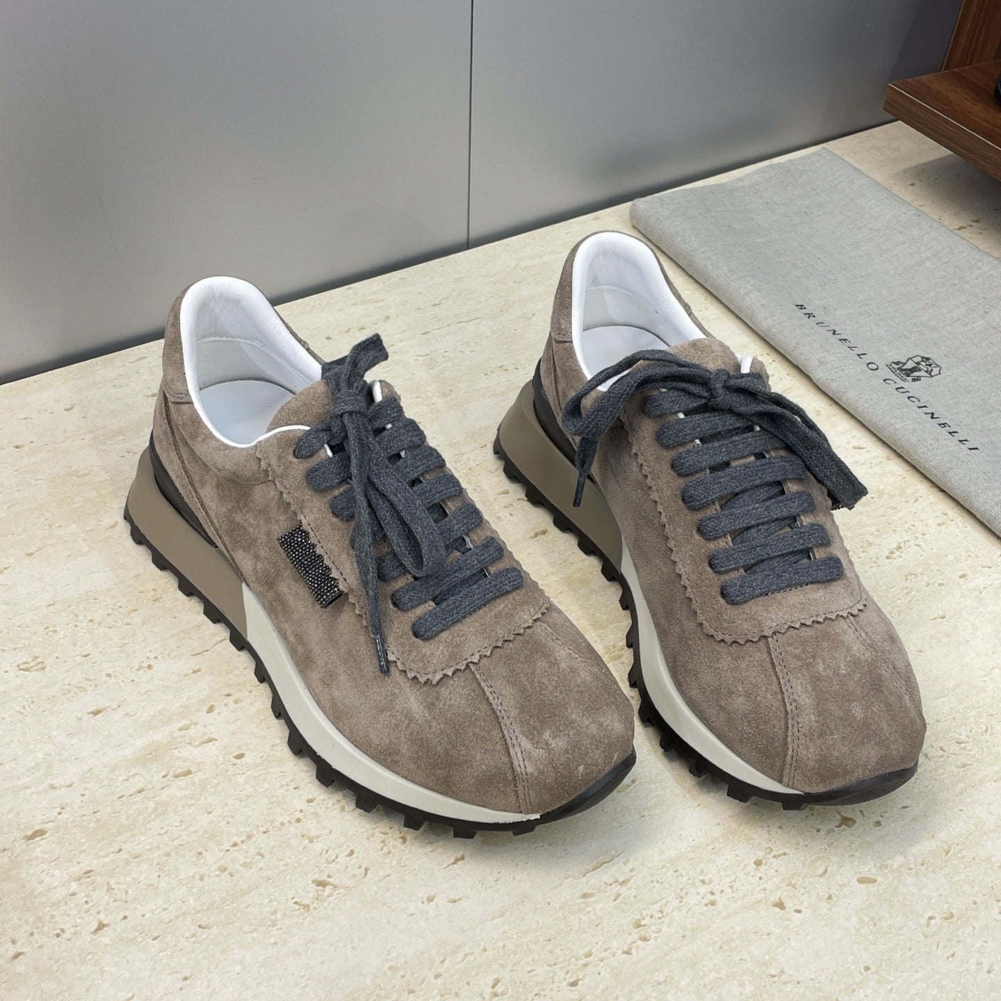 Brunello Shiny Tab Sneakers Taupe Suede 607016