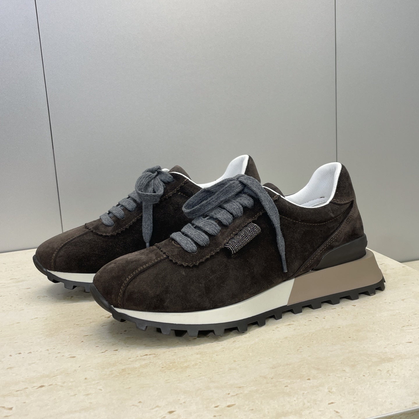 Brunello Shiny Tab Sneakers Dark Brown Suede 607017