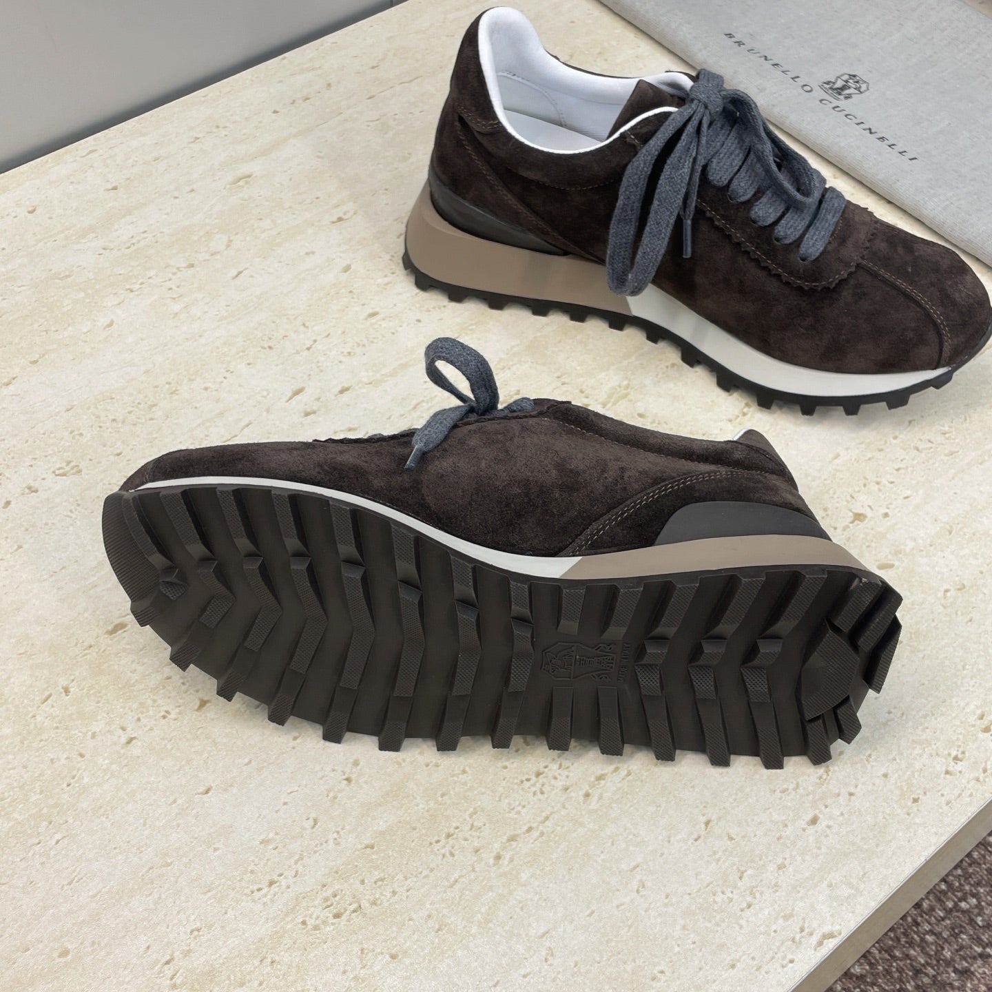 Brunello Shiny Tab Sneakers Dark Brown Suede 607017