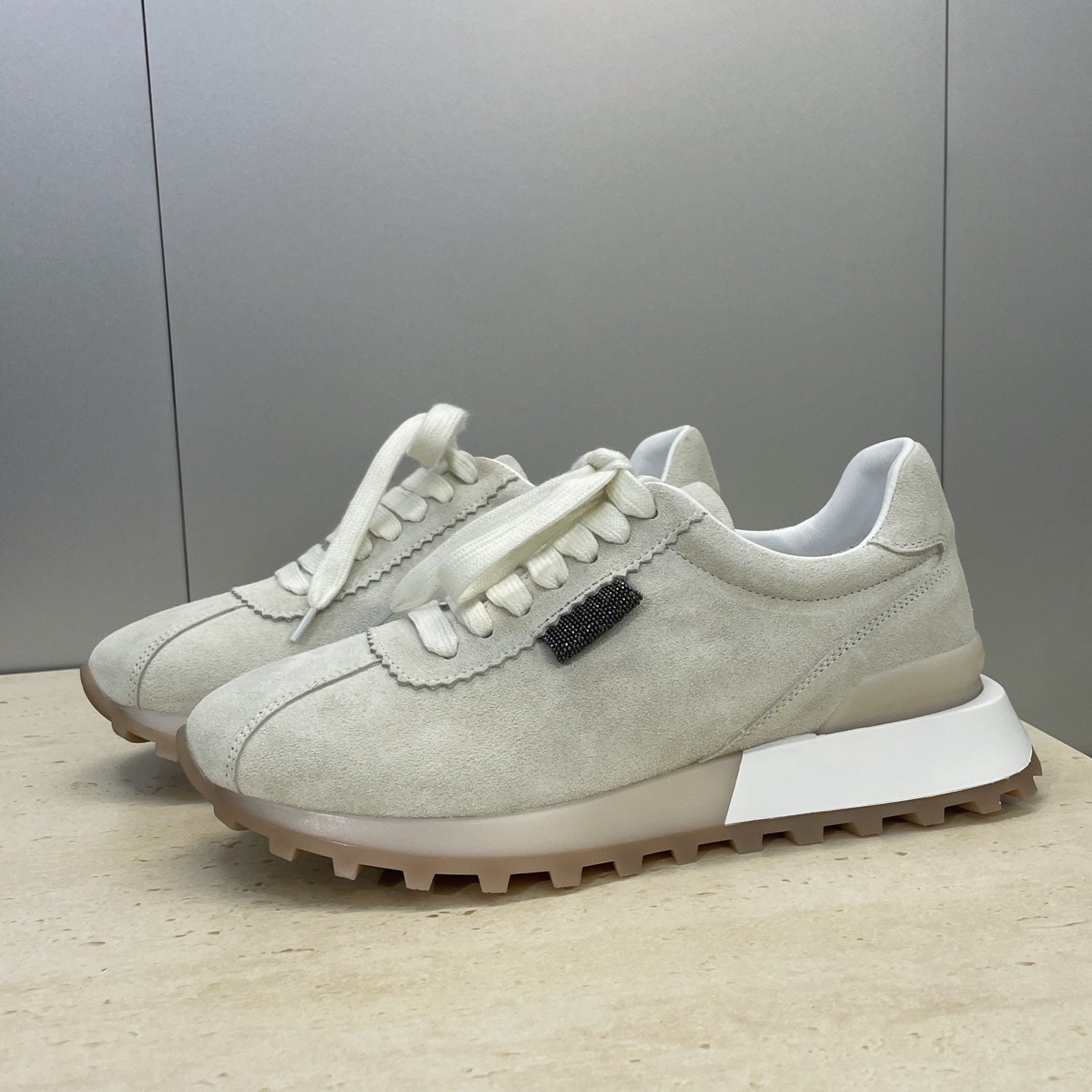 Brunello Shiny Tab Sneakers Grey Suede 607018