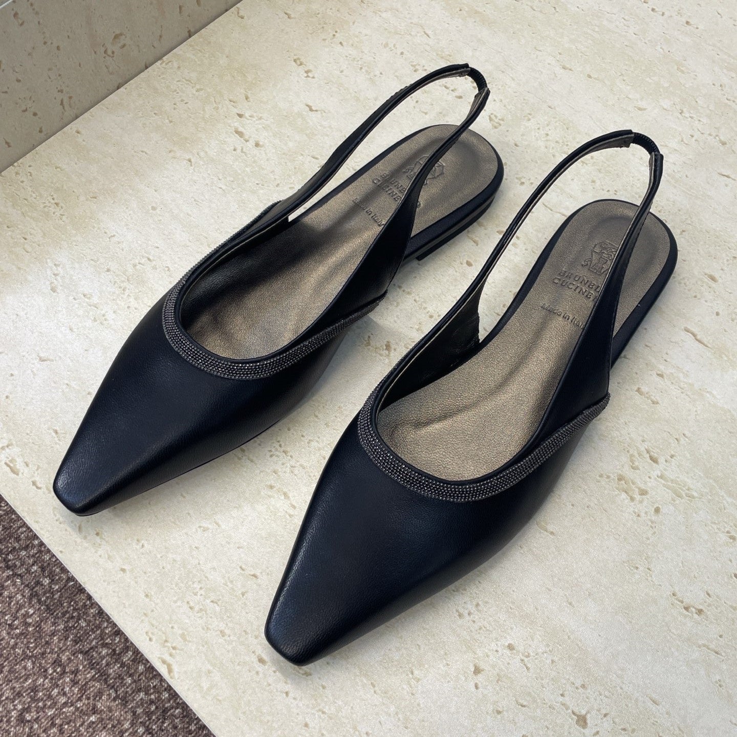 Brunello Twill Slingback Flats Black Calfskin 607026