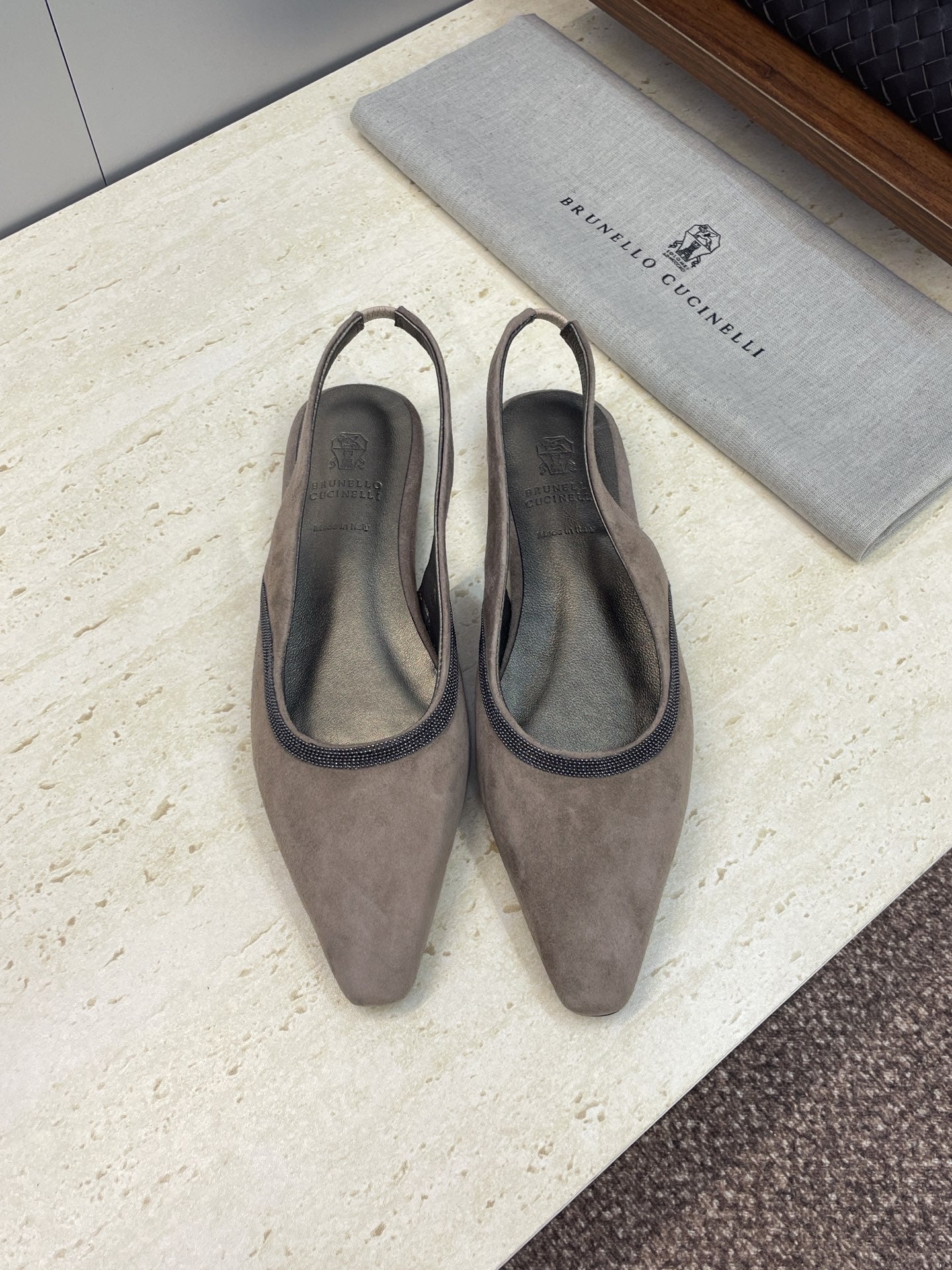 Brunello Twill Slingback Flats Taupe Fabric 607027