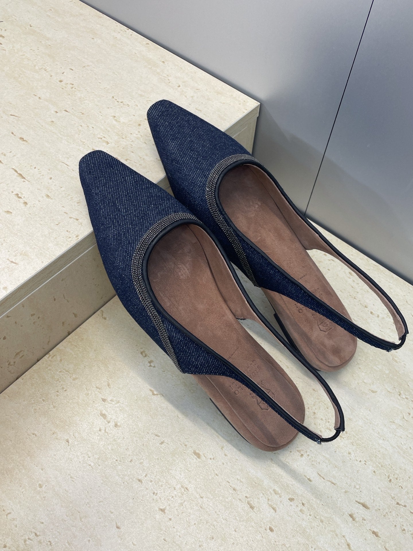Brunello Twill Slingback Flats Black Denim 607029