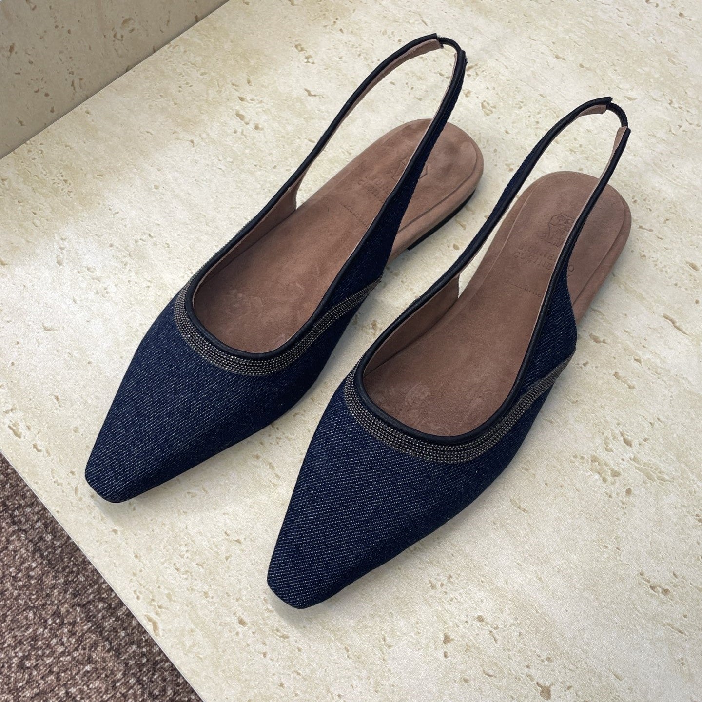 Brunello Twill Slingback Flats Black Denim 607029