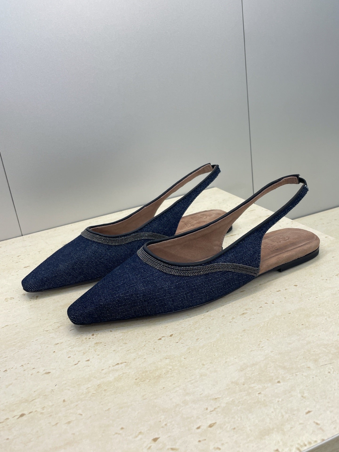 Brunello Twill Slingback Flats Black Denim 607029