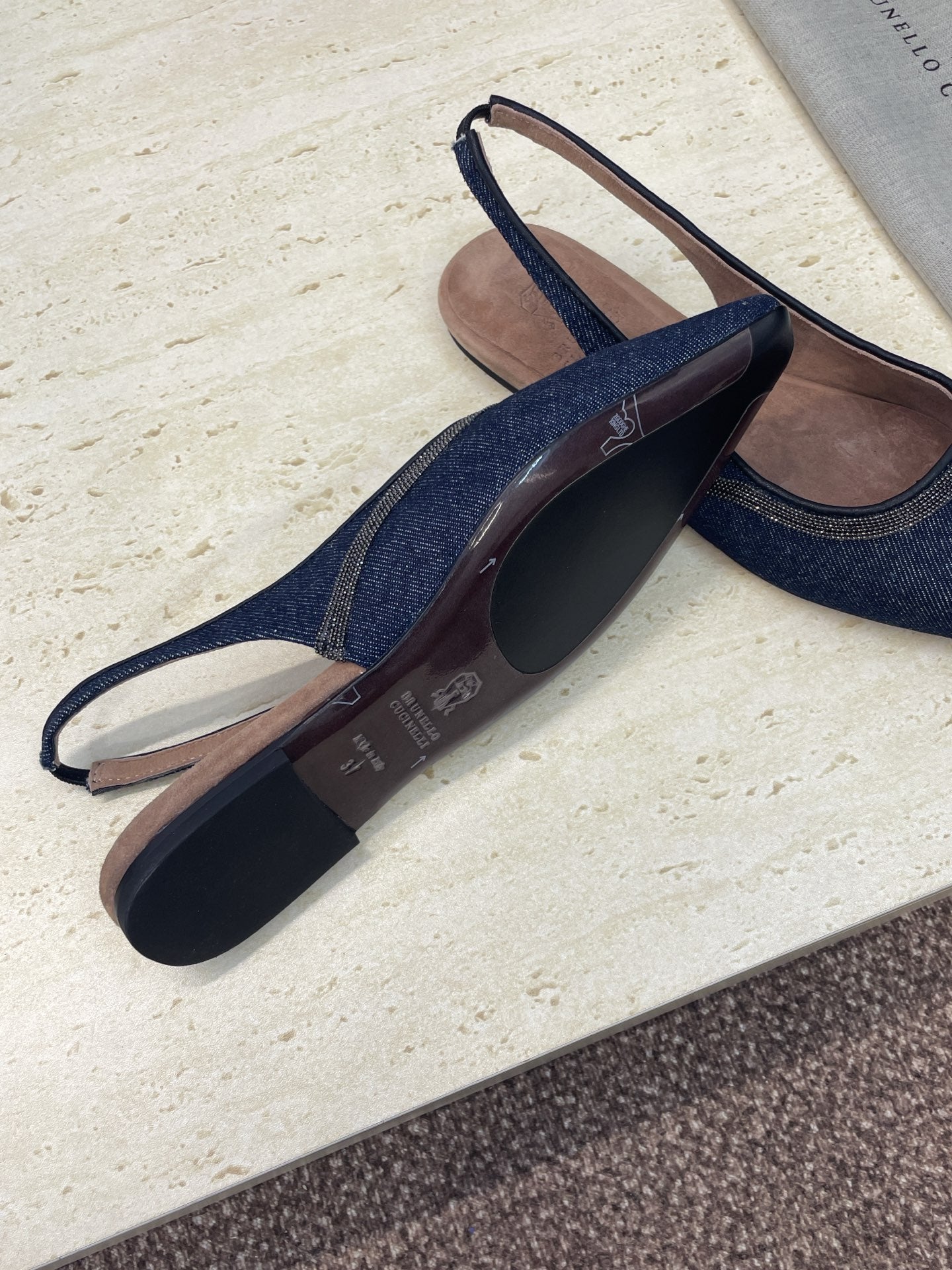 Brunello Twill Slingback Flats Black Denim 607029