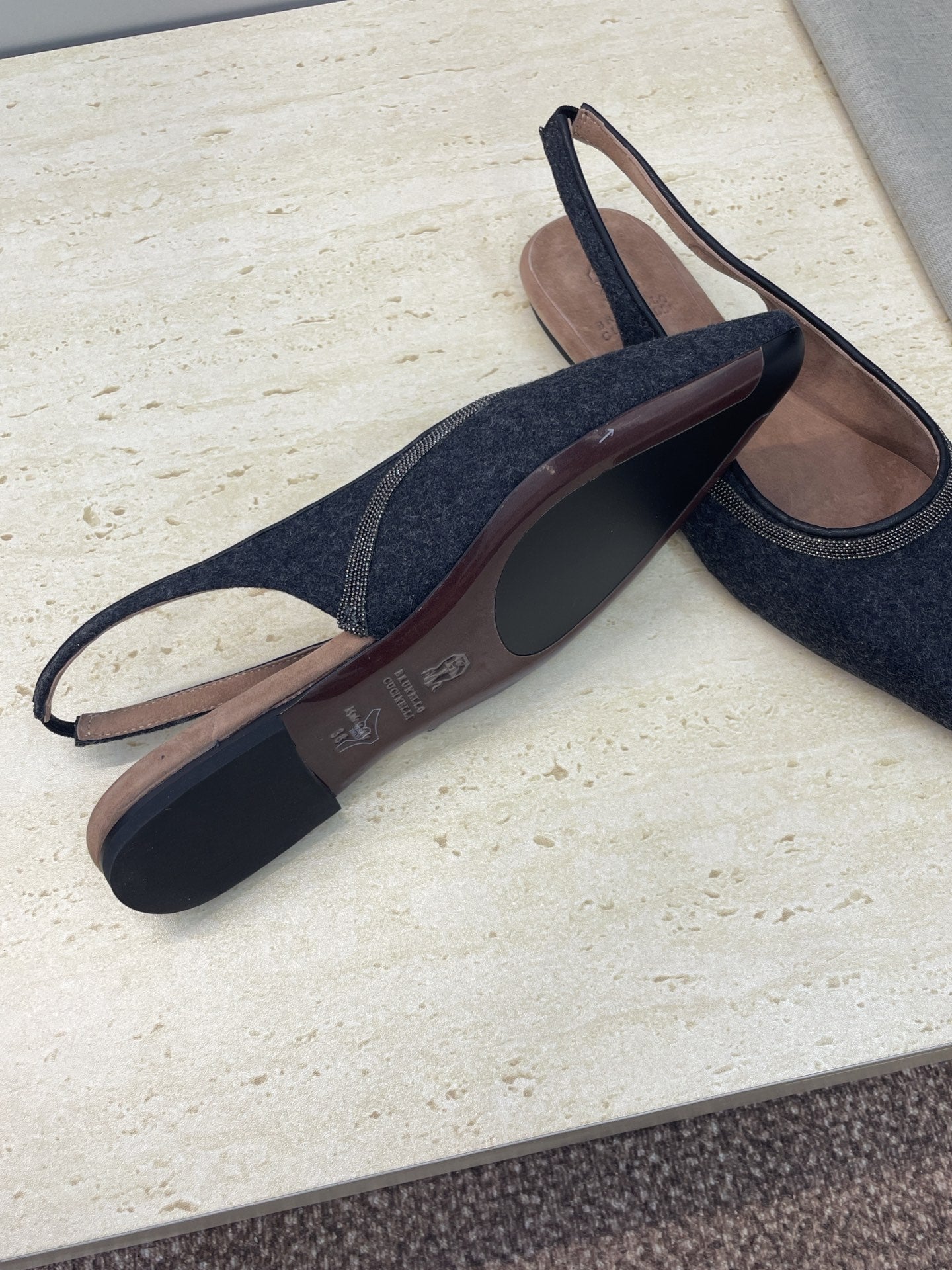 Brunello Twill Slingback Flats Black Fabric 607030