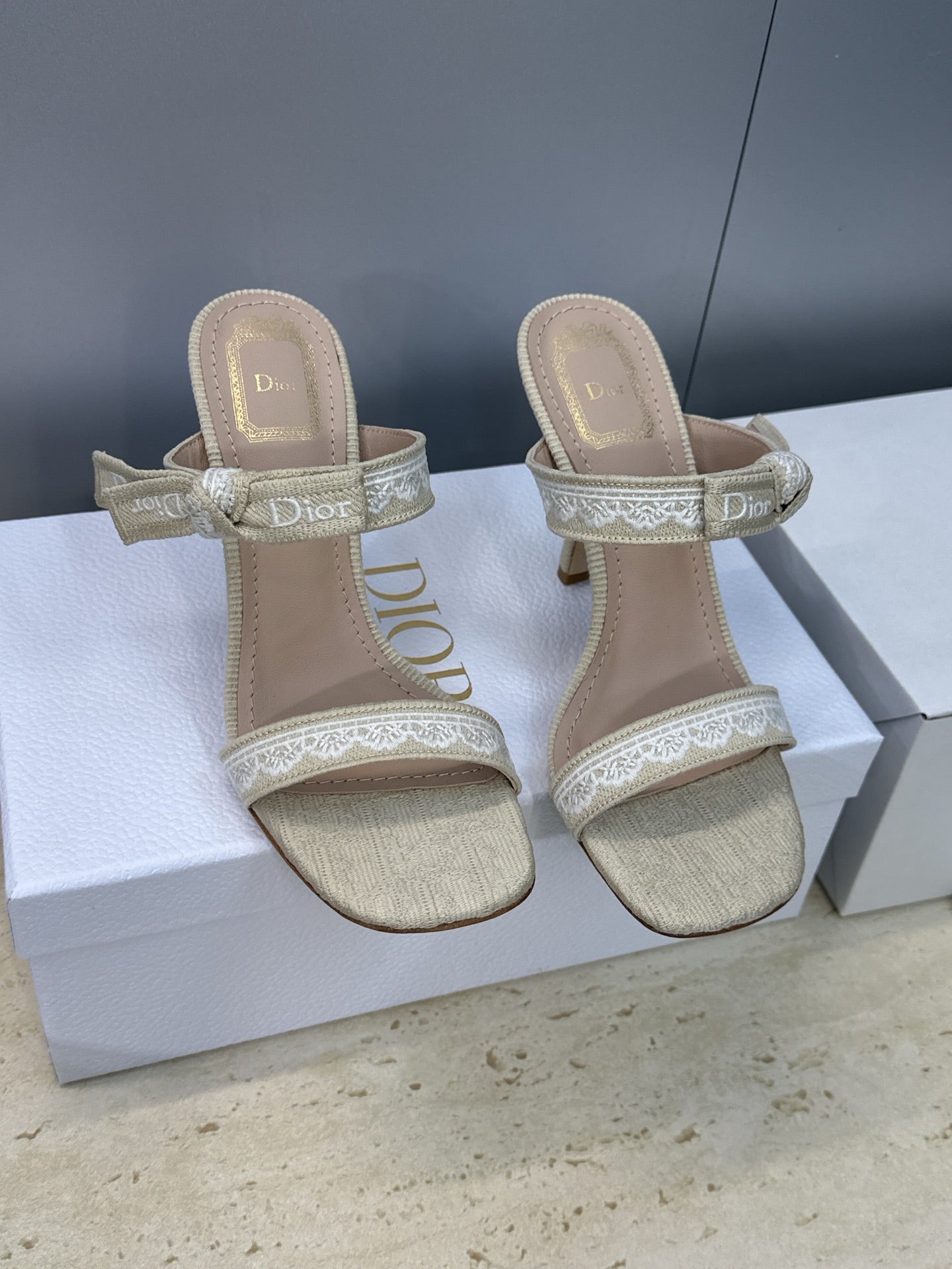 CD 26s Heeled Sandal 10cm Light Taupe Beige Leather Fabric 633068