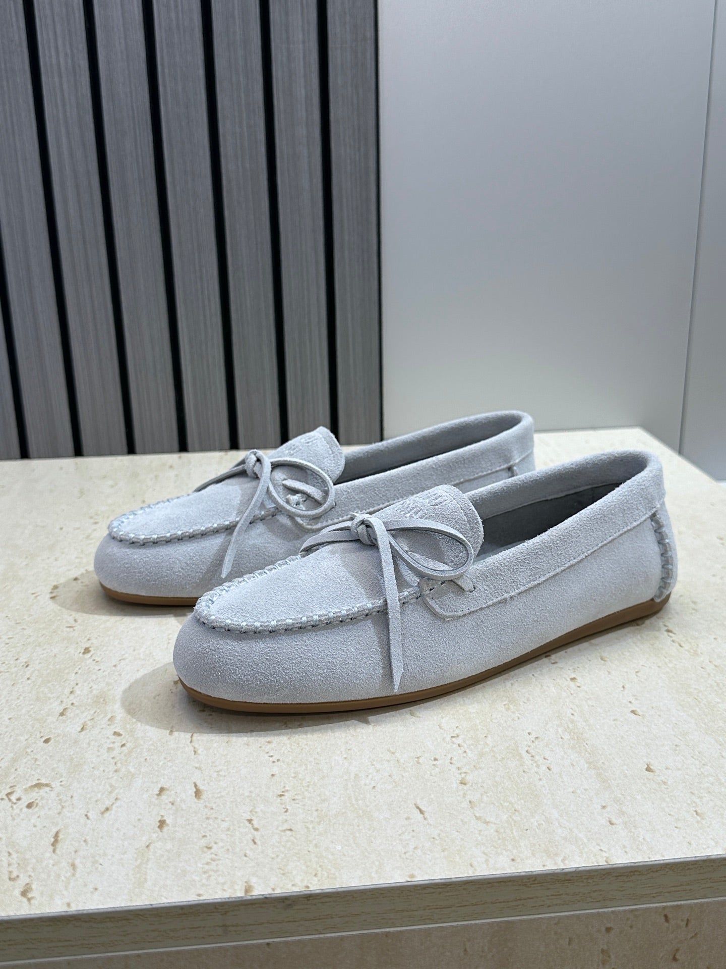 Miumiu 26s Loafers In Light Blue Suede With Bow