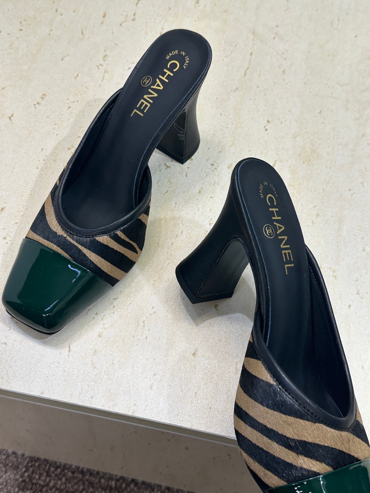 CC Square Toe Color-Blocked Mule 9cm Teal Green Horsehair Patent Leather 830460
