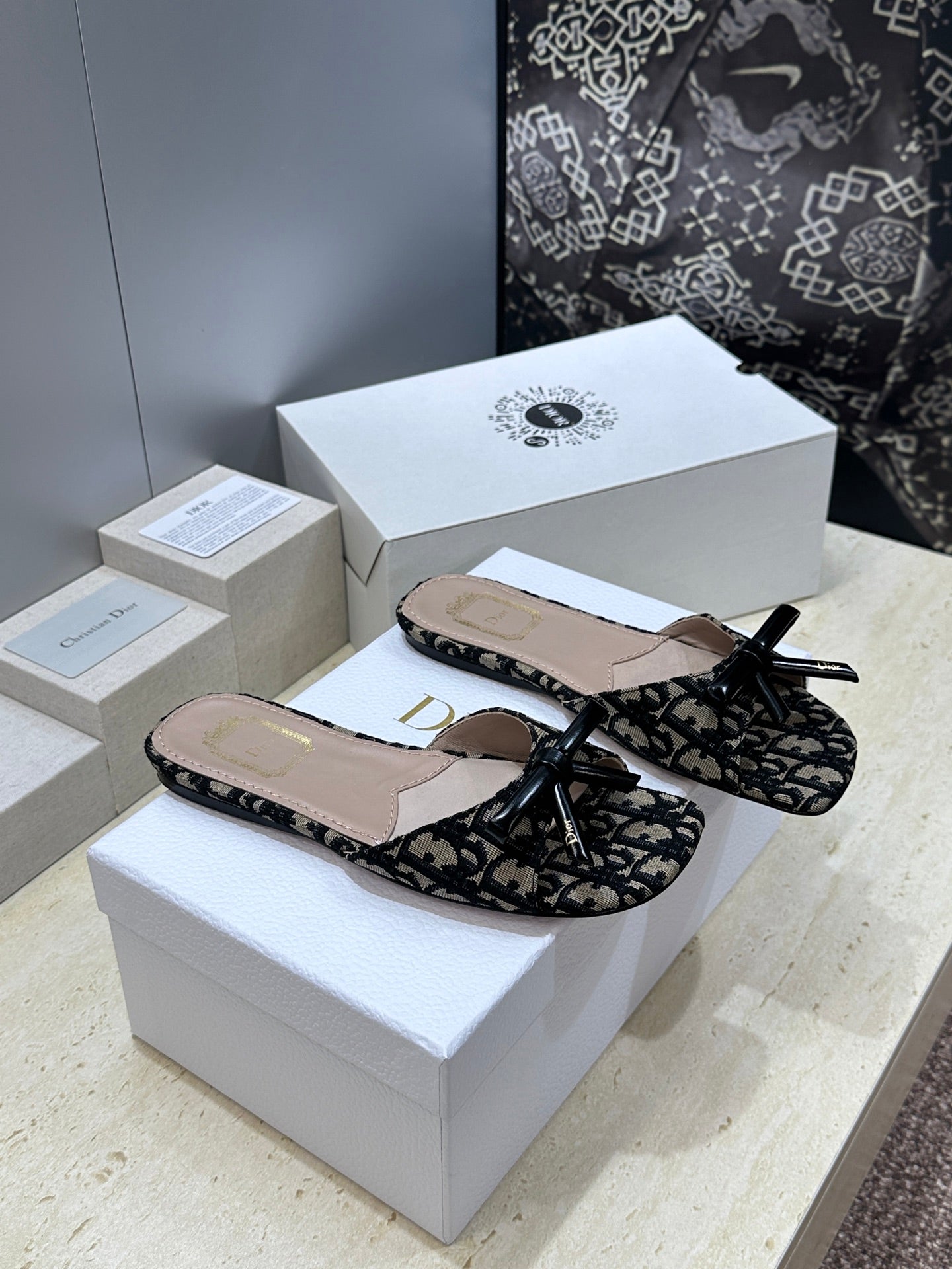 CD Dior Bow Slides Beige Black Canvas 884665