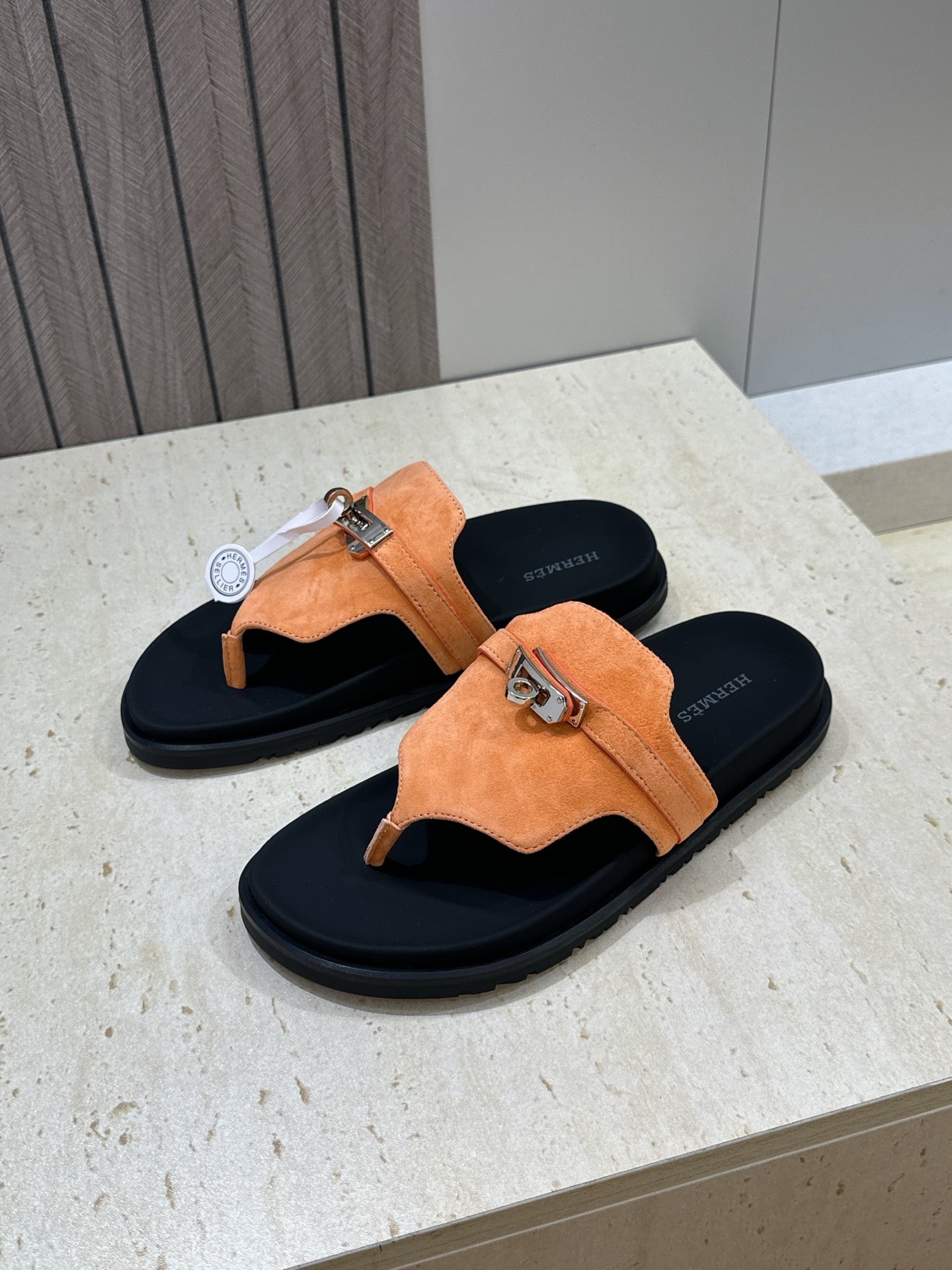 HM 26s Empire Sandal In Peach Orange Suede Silver Hardware