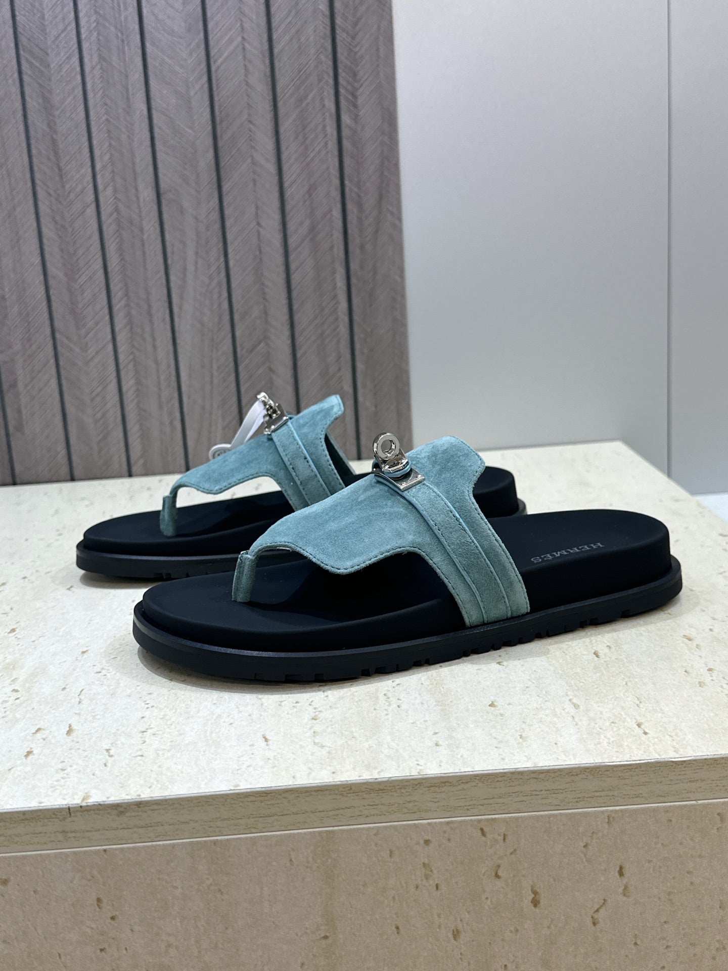 HM 26s Empire Sandal In Dusty Sky Blue Suede Silver Hardware