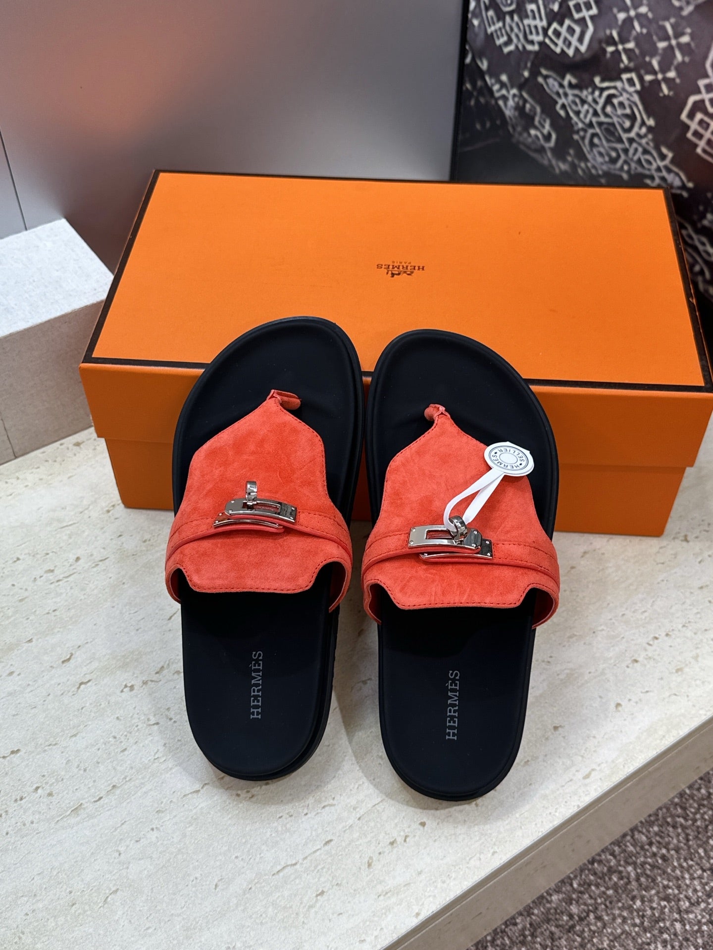 HM 26S Empire Sandal In Coral Orange Suede Silver Hardware