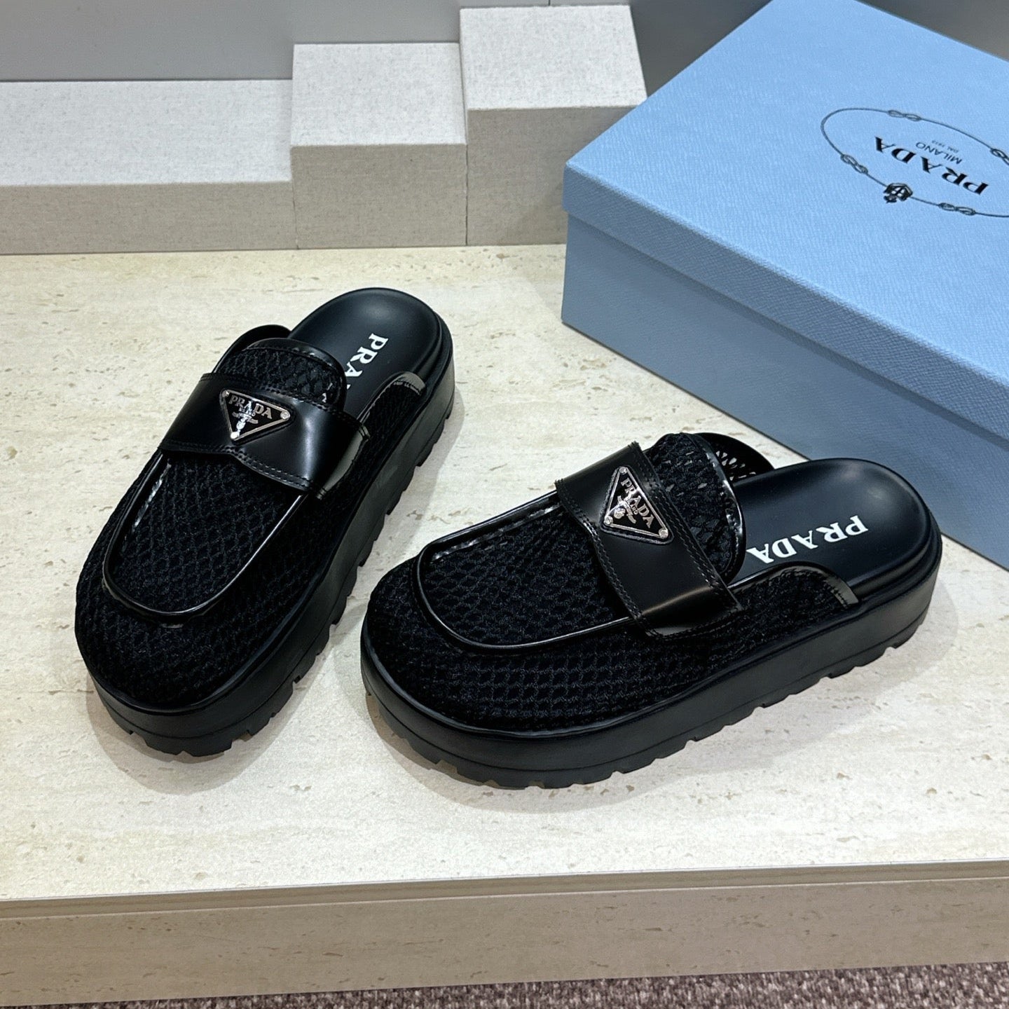 Prada 26s Mule Loafers In Black Mesh And Calfskin