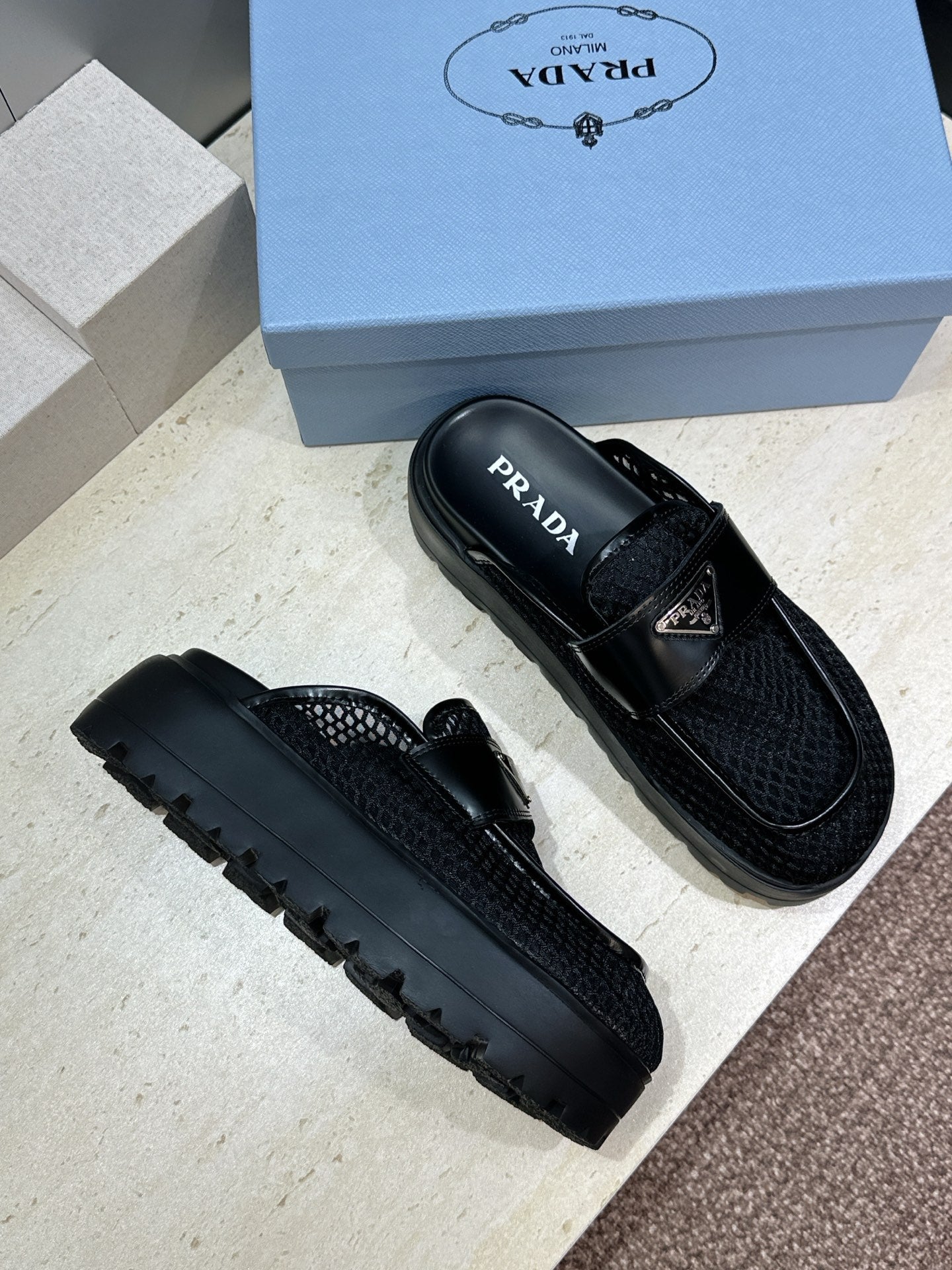 Prada 26s Mule Loafers In Black Mesh And Calfskin